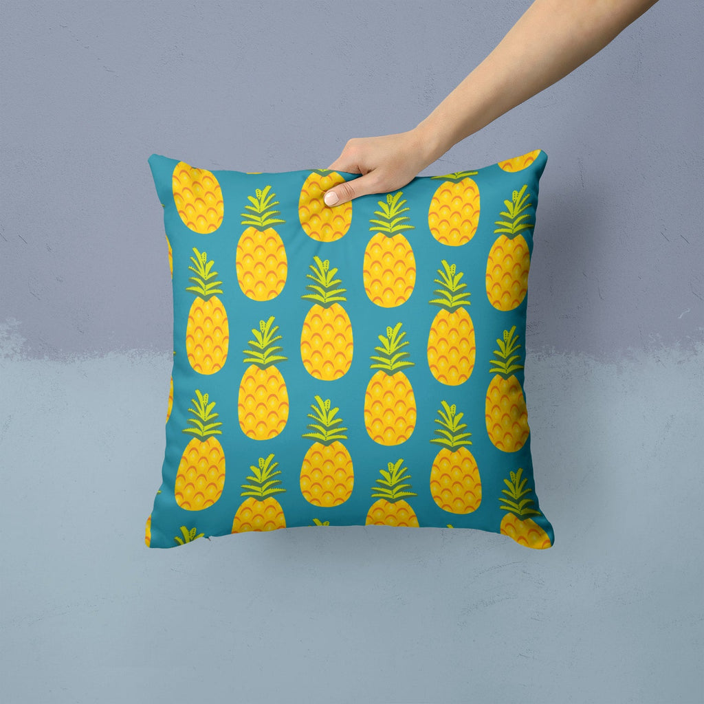 Pineapples on Teal Decorative Throw Pillow 14x14 Indoor Outdoor Accent Cushion, Fabric Cover with Insert for Sofa, Bed, Porch & Living Room