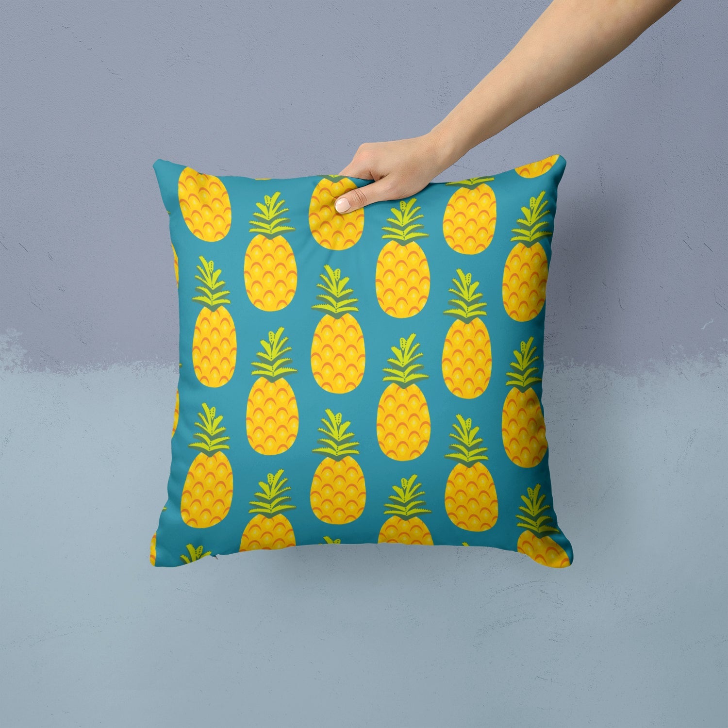 Pineapples on Teal Decorative Throw Pillow 14x14 Indoor Outdoor Accent Cushion, Fabric Cover with Insert for Sofa, Bed, Porch & Living Room