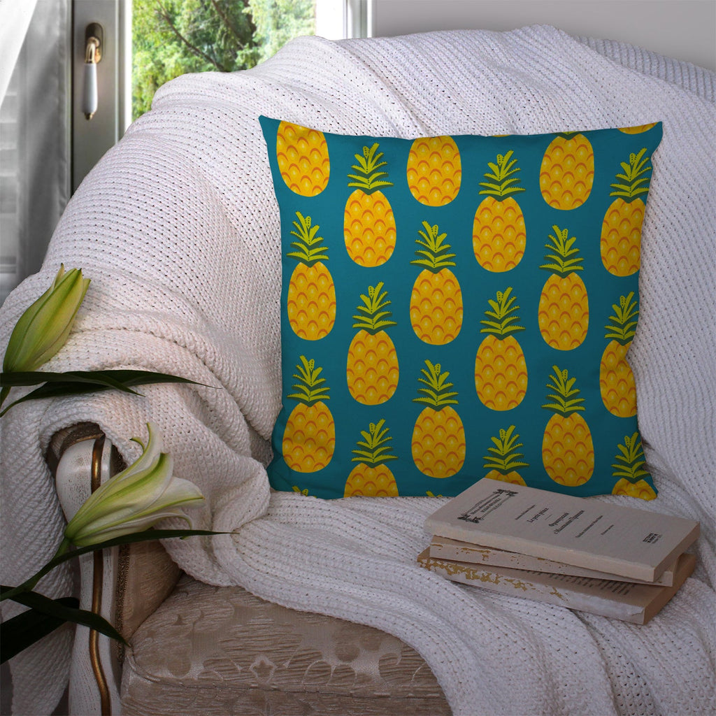 Pineapples on Teal Decorative Throw Pillow 14x14 Indoor Outdoor Accent Cushion, Fabric Cover with Insert for Sofa, Bed, Porch & Living Room