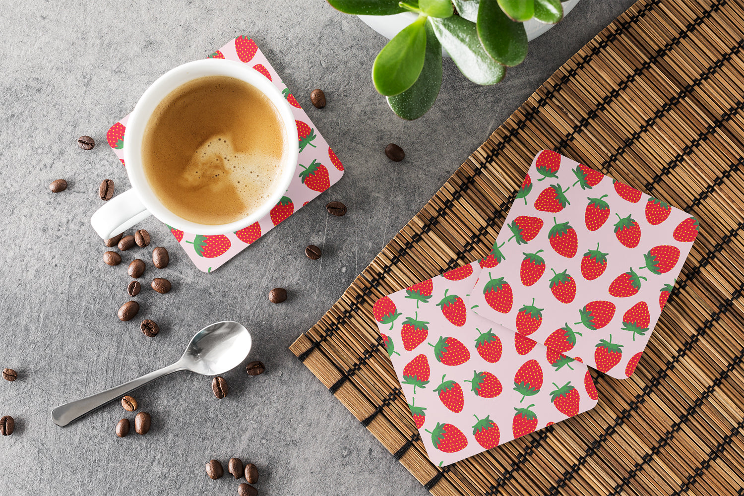 Strawberries on Pink Foam Coasters Set of 4 Cup Coasters for Indoor Outdoor, Tabletop Protection, Anti Slip, Mouse pad Material
