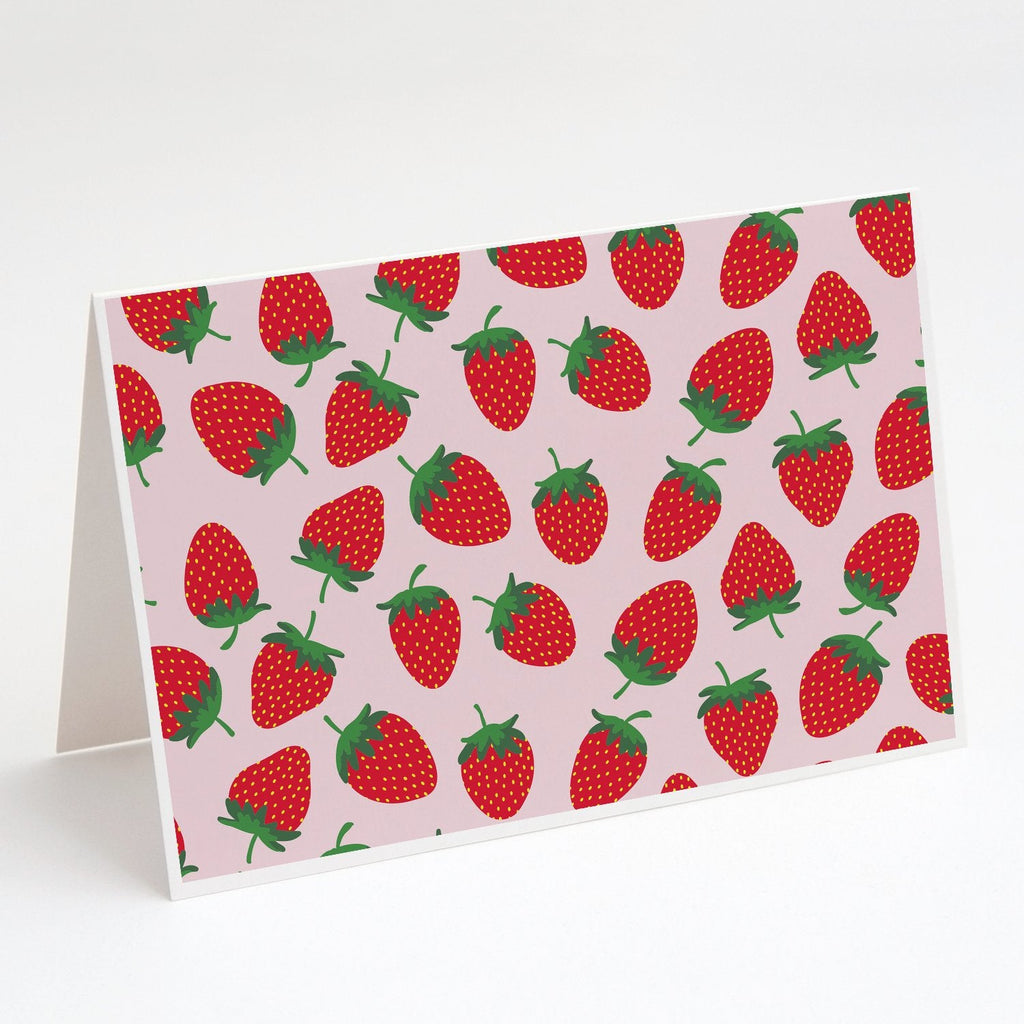 Strawberries on Pink Greeting Cards Pack of 8 Blank Cards with Envelopes Whimsical A7 Size 5x7