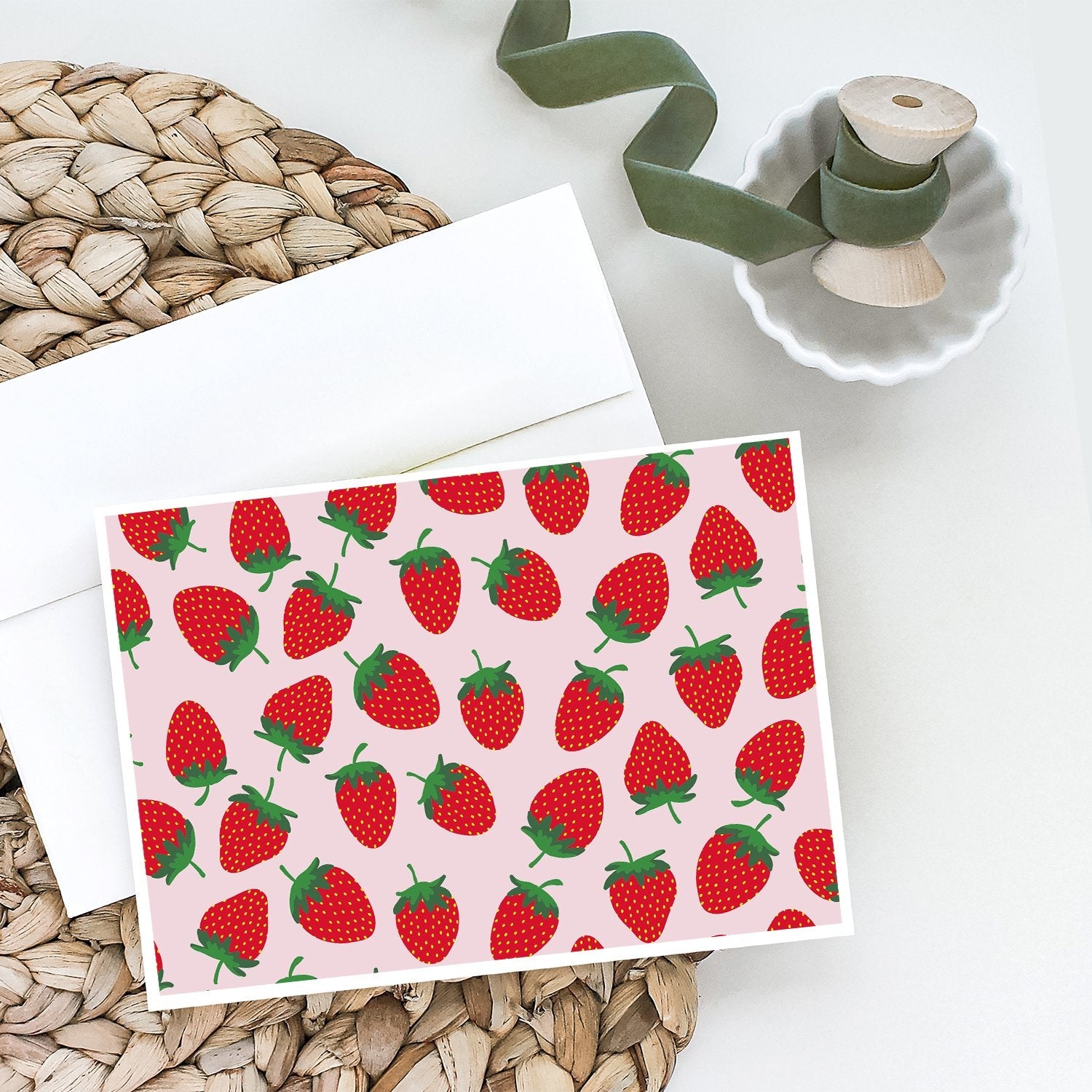 Strawberries on Pink Greeting Cards Pack of 8 Blank Cards with Envelopes Whimsical A7 Size 5x7