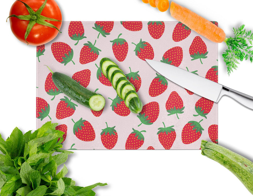 Strawberries on Pink Cutting Board Tempered Glass Kitchen Cutting Surface, Heat Resistant Chopping, Non-Slip Feet, Food Prep & Serving