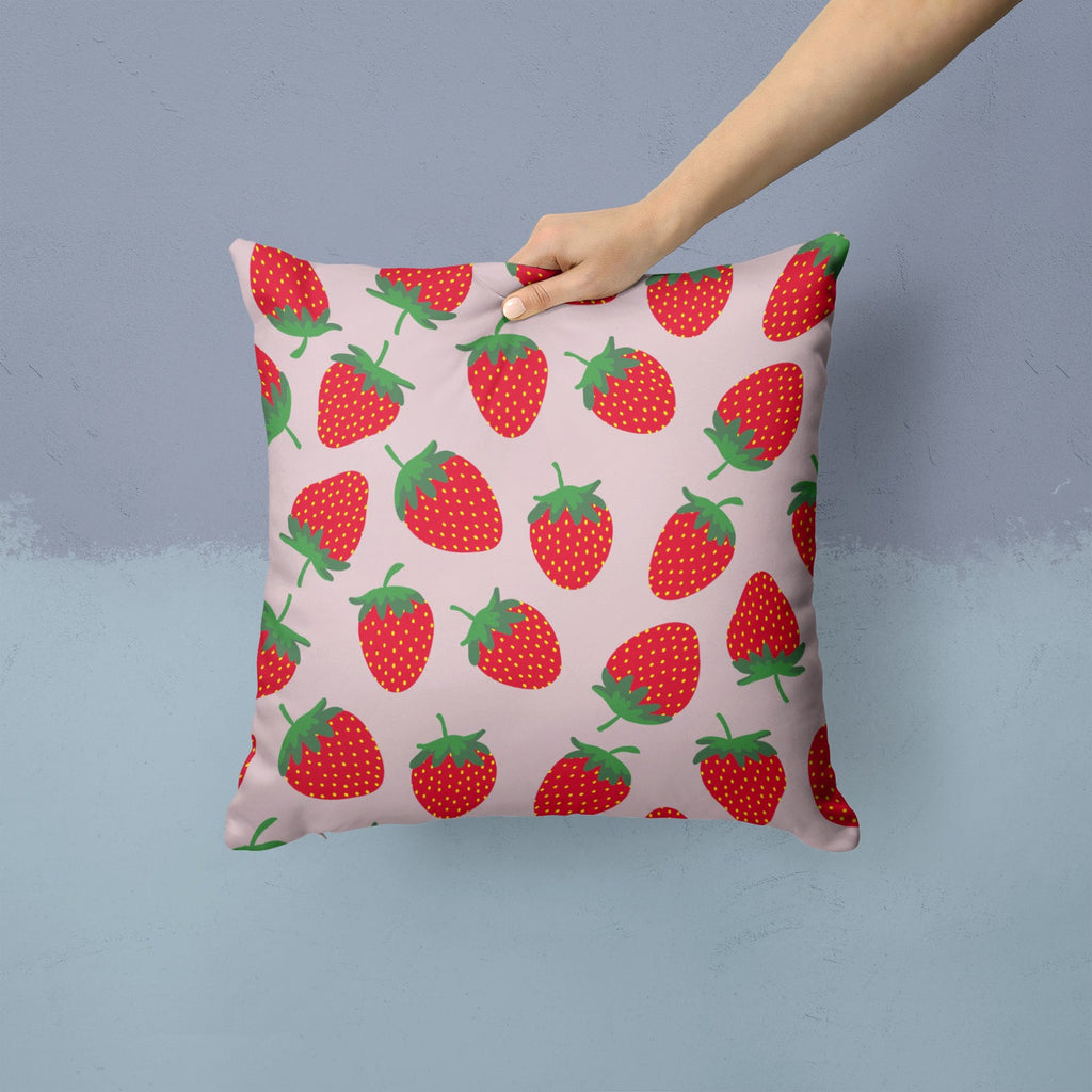 Strawberries on Pink Decorative Throw Pillow 14x14 Indoor Outdoor Accent Cushion, Fabric Cover with Insert for Sofa, Bed, Porch & Living Room