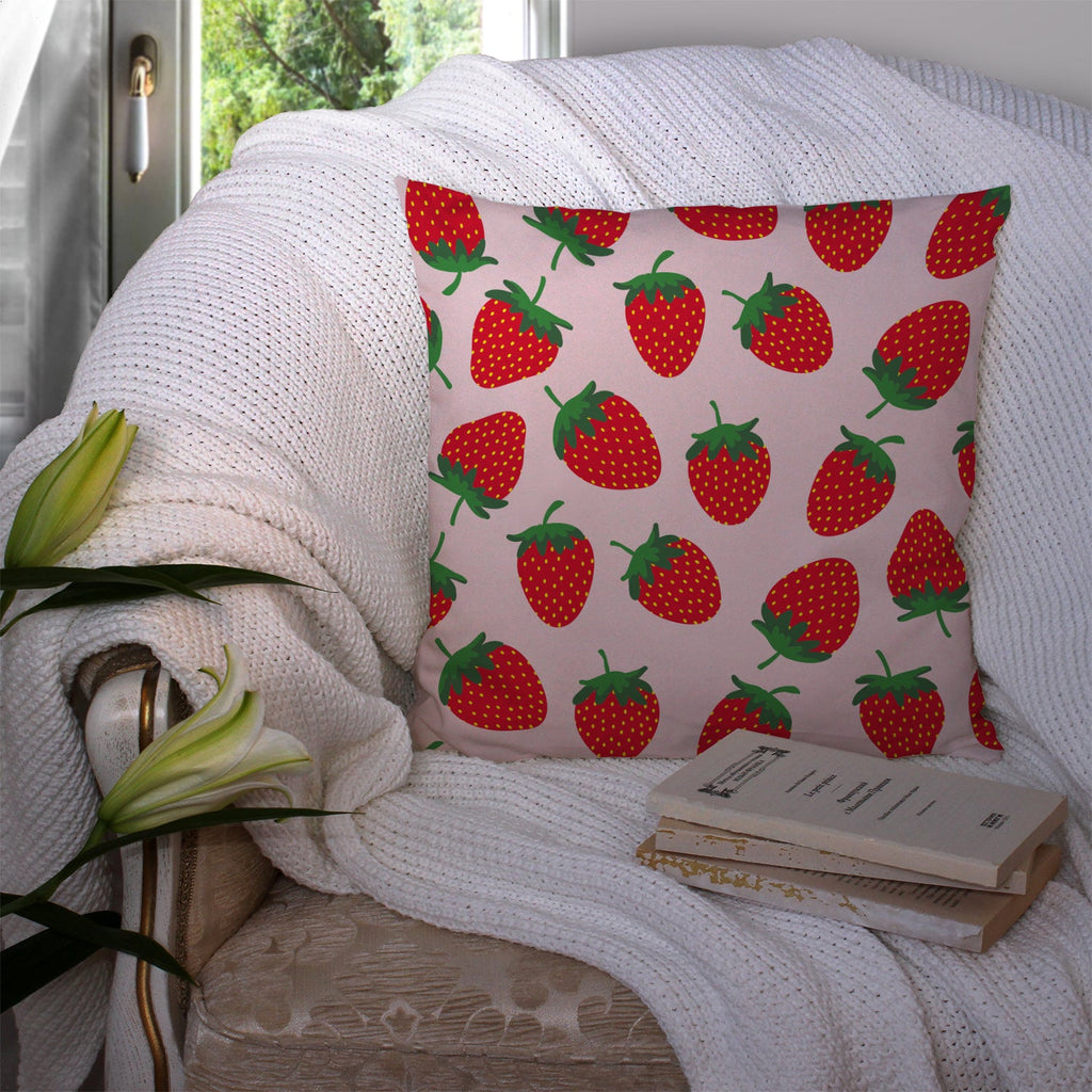 Strawberries on Pink Decorative Throw Pillow 14x14 Indoor Outdoor Accent Cushion, Fabric Cover with Insert for Sofa, Bed, Porch & Living Room