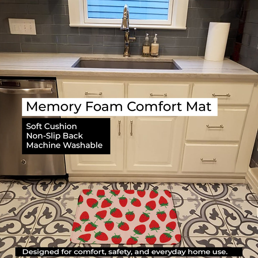 Strawberries on Pink Memory Foam Kitchen Mat Machine Washable Anti-Fatigue Cushion Comfort Bath or Kitchen Rug