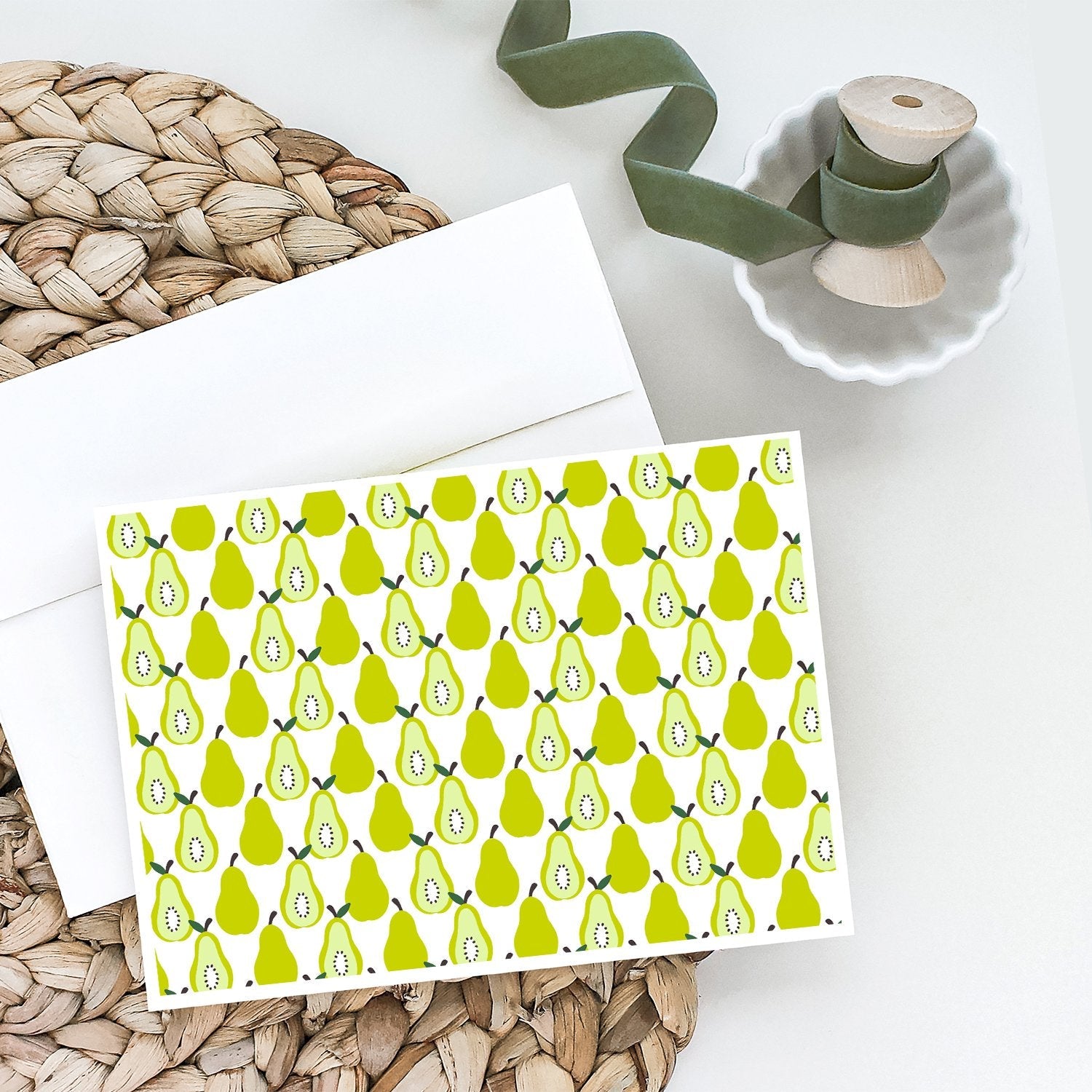 Pears on White Greeting Cards Pack of 8 Blank Cards with Envelopes Whimsical A7 Size 5x7