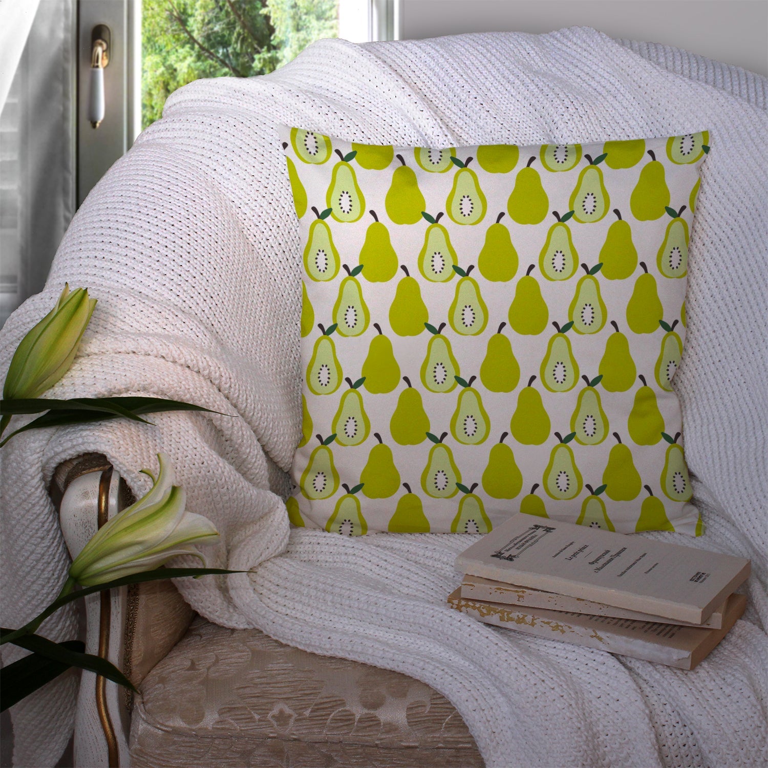 Pears on White Decorative Throw Pillow 14x14 Indoor Outdoor Accent Cushion, Fabric Cover with Insert for Sofa, Bed, Porch & Living Room