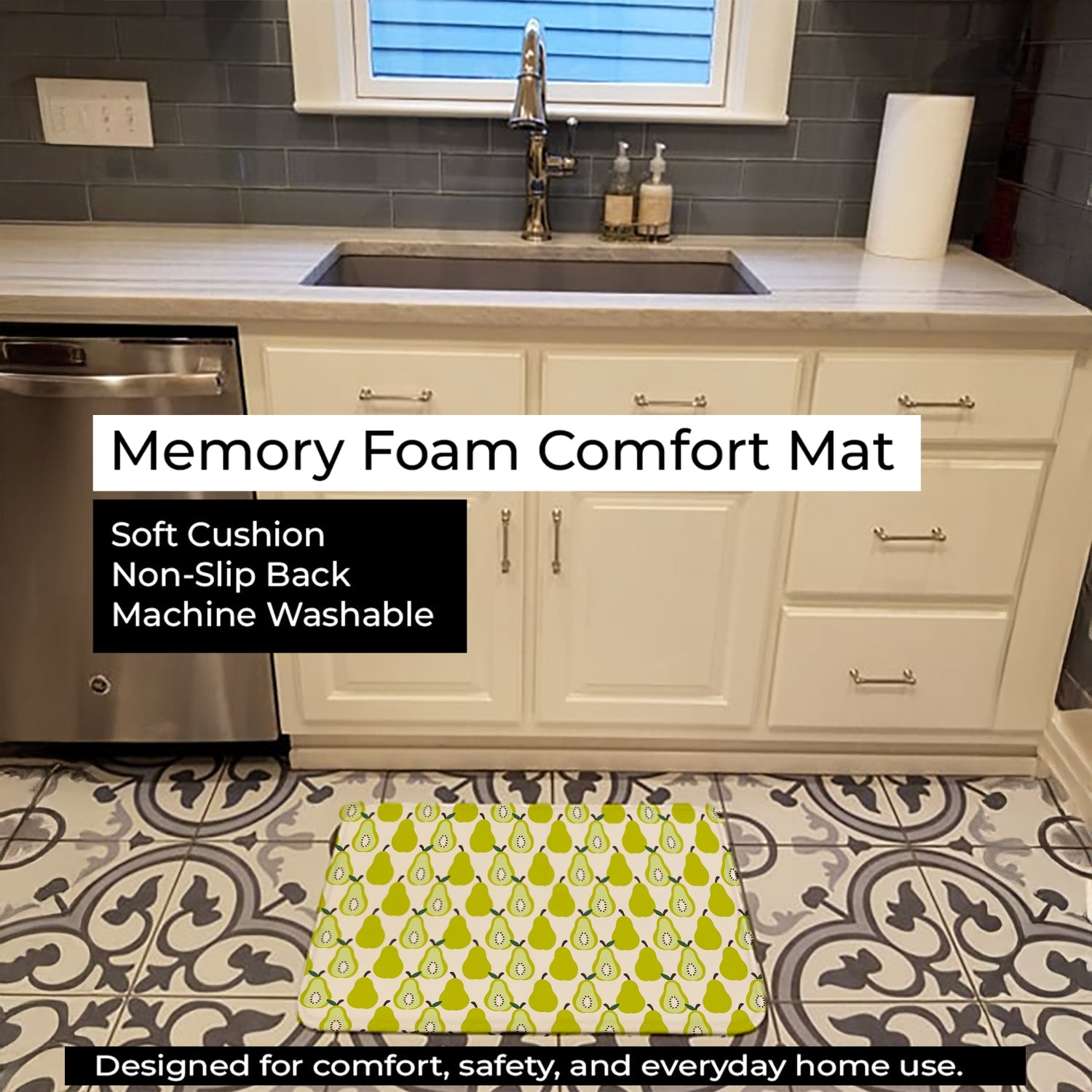 Pears on White Memory Foam Kitchen Mat Machine Washable Anti-Fatigue Cushion Comfort Bath or Kitchen Rug