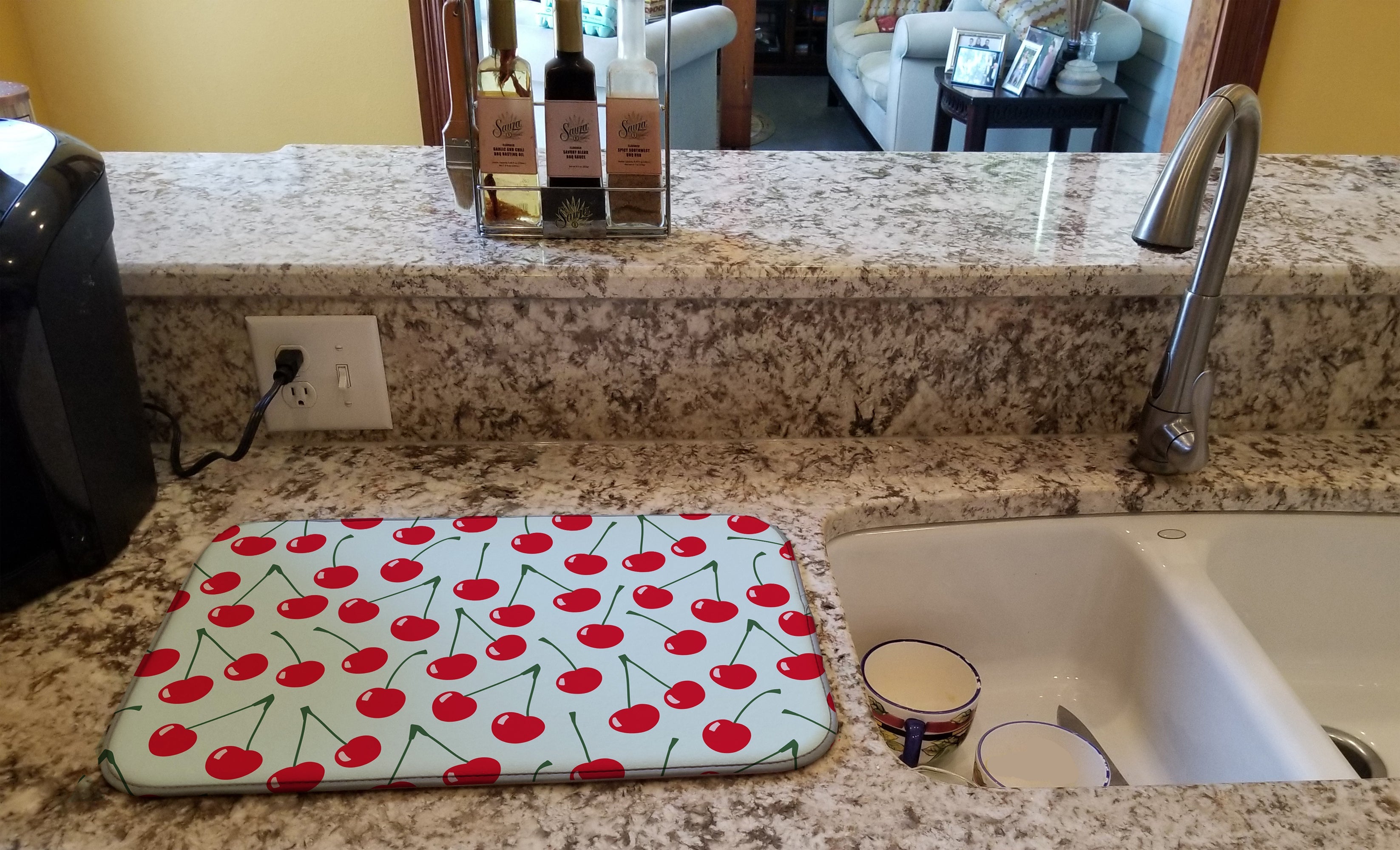 Cherries on Blue Dish Drying Mat Absorbent Dish Drying Mat Pad for Kitchen Counter Dish Drainer Mat for Countertop, 14 x 21", Multicolor