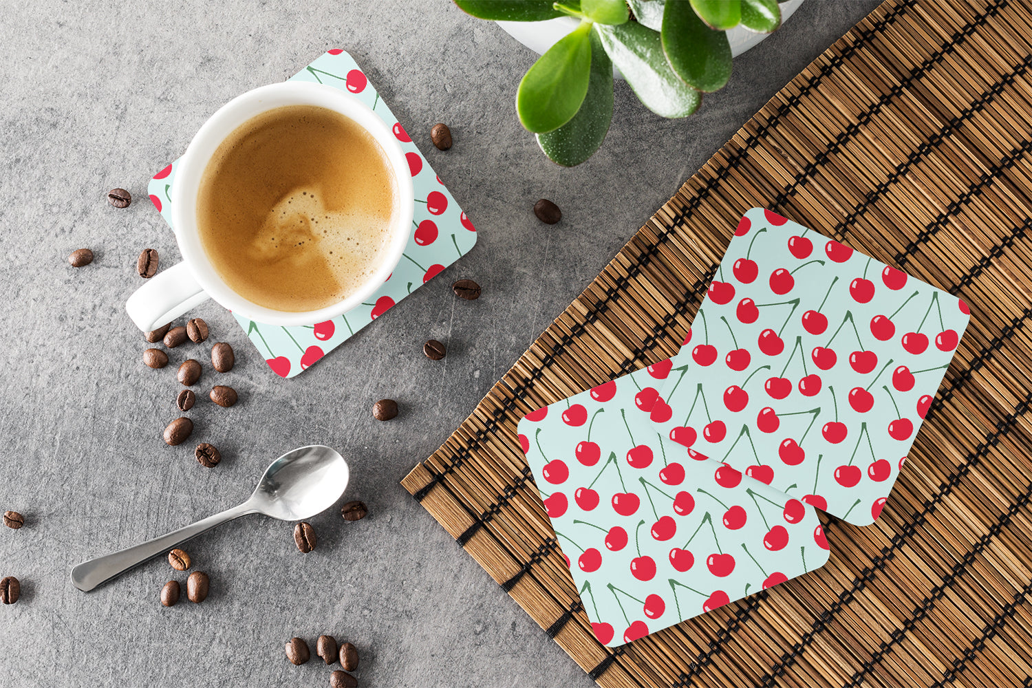 Cherries on Blue Foam Coasters Set of 4 Cup Coasters for Indoor Outdoor, Tabletop Protection, Anti Slip, Mouse pad Material