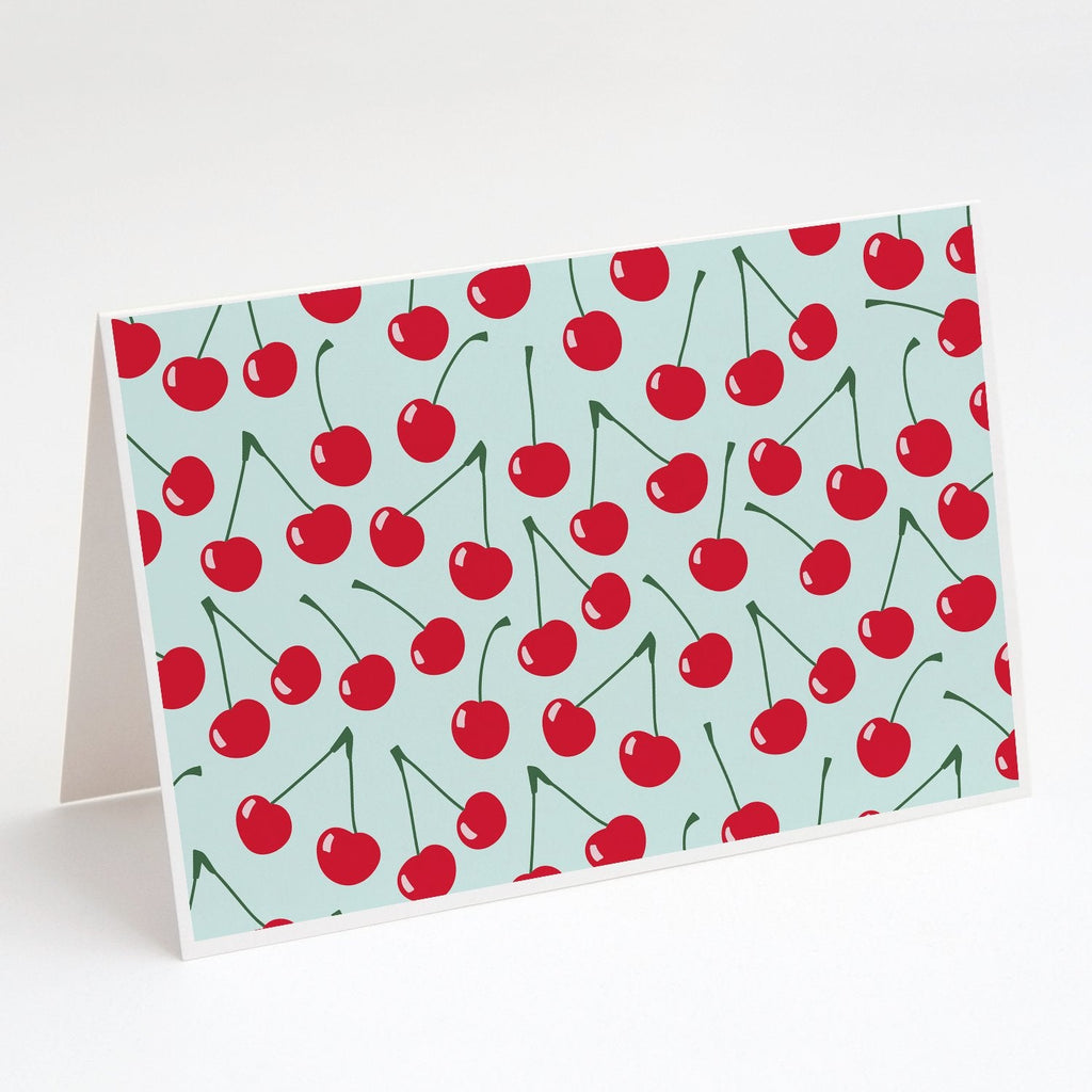 Cherries on Blue Greeting Cards Pack of 8 Blank Cards with Envelopes Whimsical A7 Size 5x7