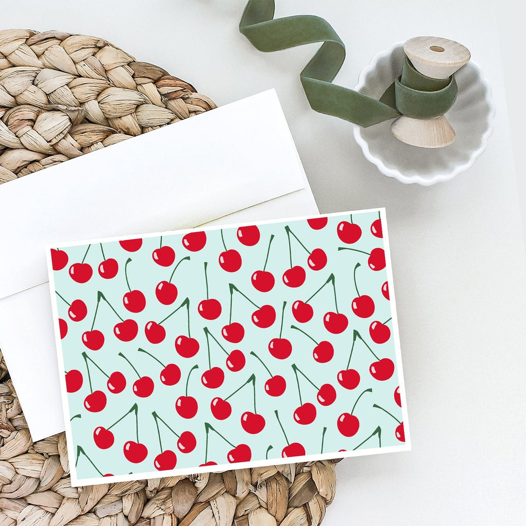 Cherries on Blue Greeting Cards Pack of 8 Blank Cards with Envelopes Whimsical A7 Size 5x7