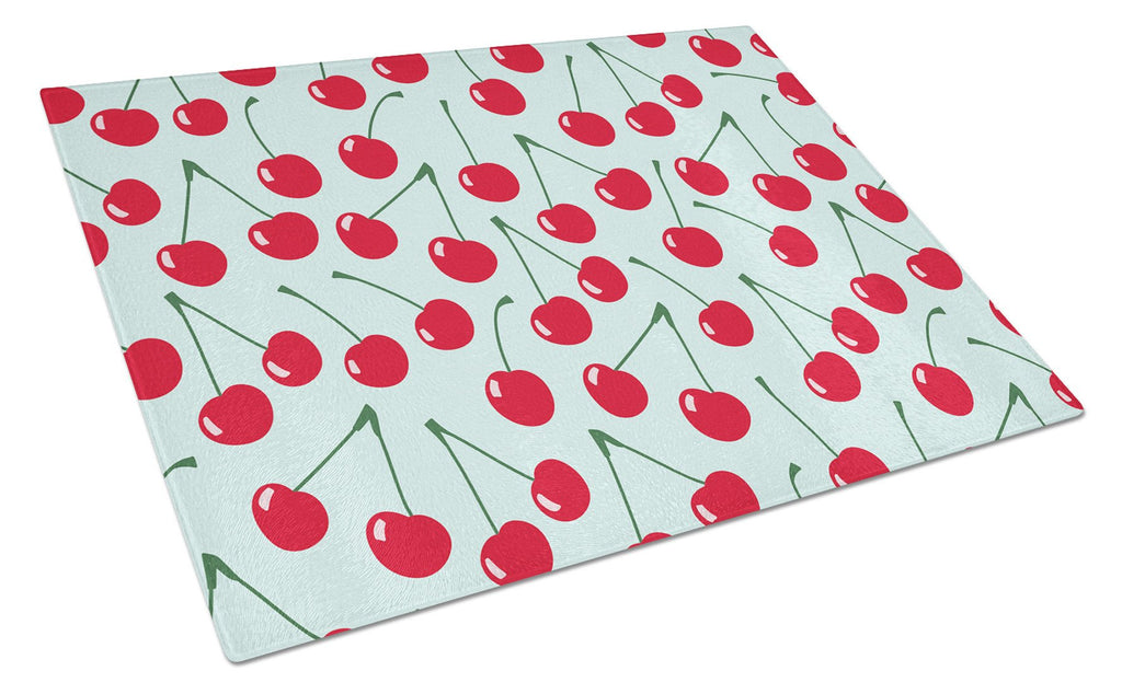 Cherries on Blue Cutting Board Tempered Glass Kitchen Cutting Surface, Heat Resistant Chopping, Non-Slip Feet, Food Prep & Serving