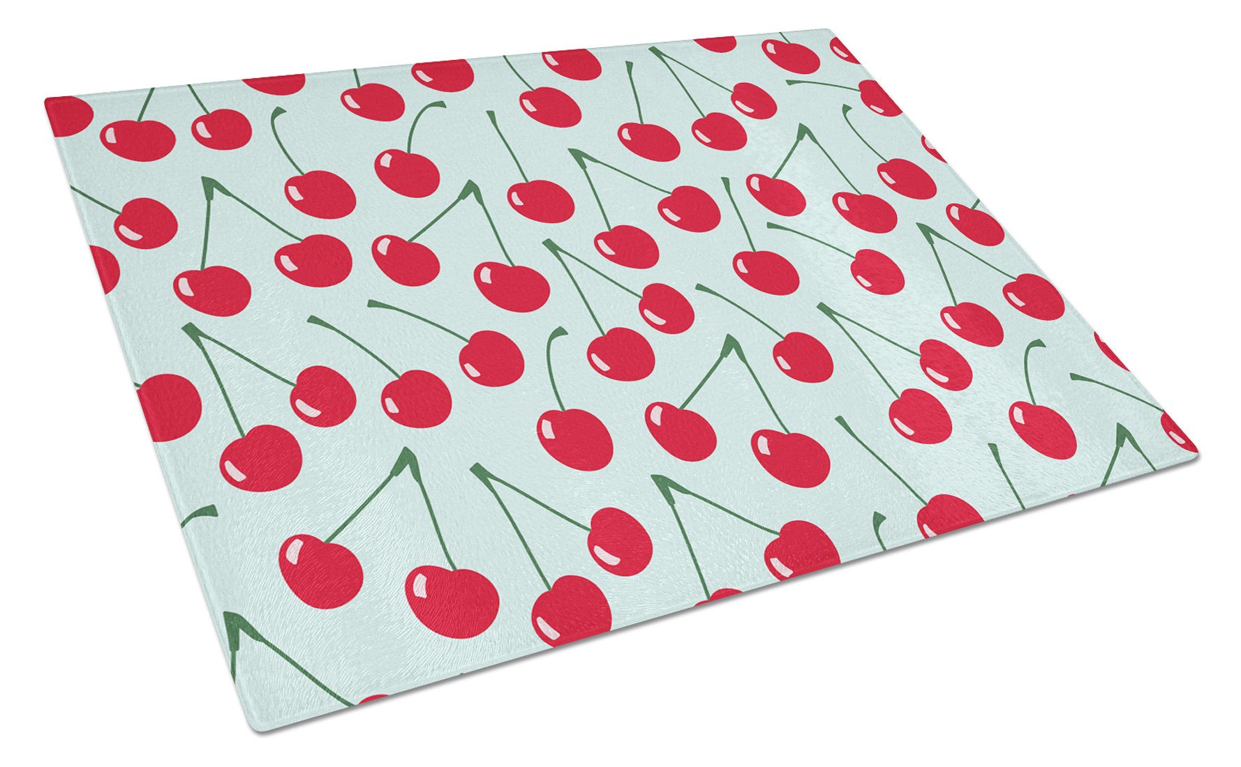 Cherries on Blue Cutting Board Tempered Glass Kitchen Cutting Surface, Heat Resistant Chopping, Non-Slip Feet, Food Prep & Serving