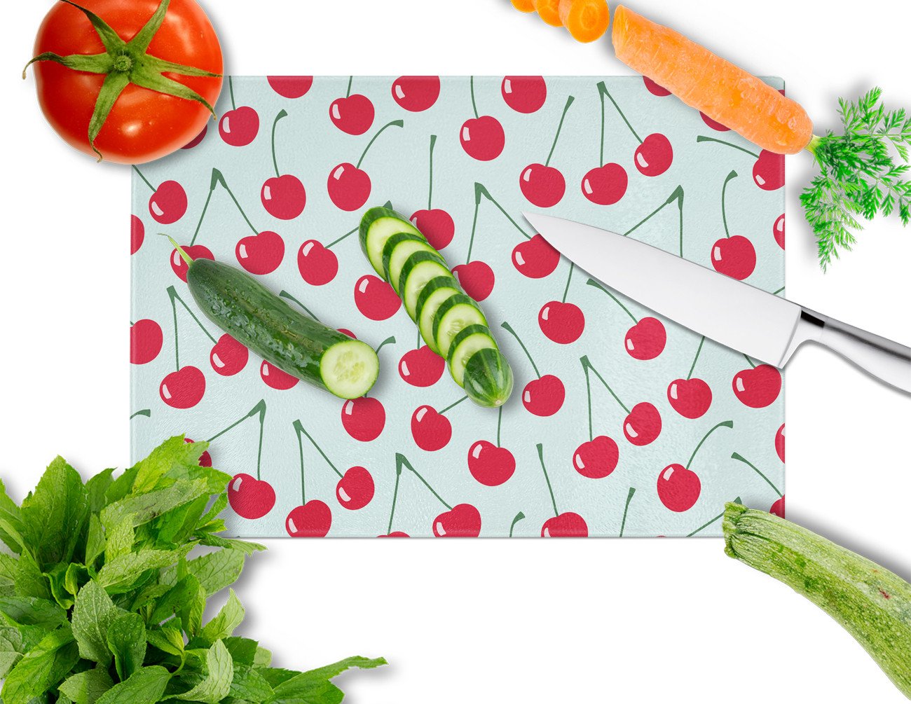 Cherries on Blue Cutting Board Tempered Glass Kitchen Cutting Surface, Heat Resistant Chopping, Non-Slip Feet, Food Prep & Serving