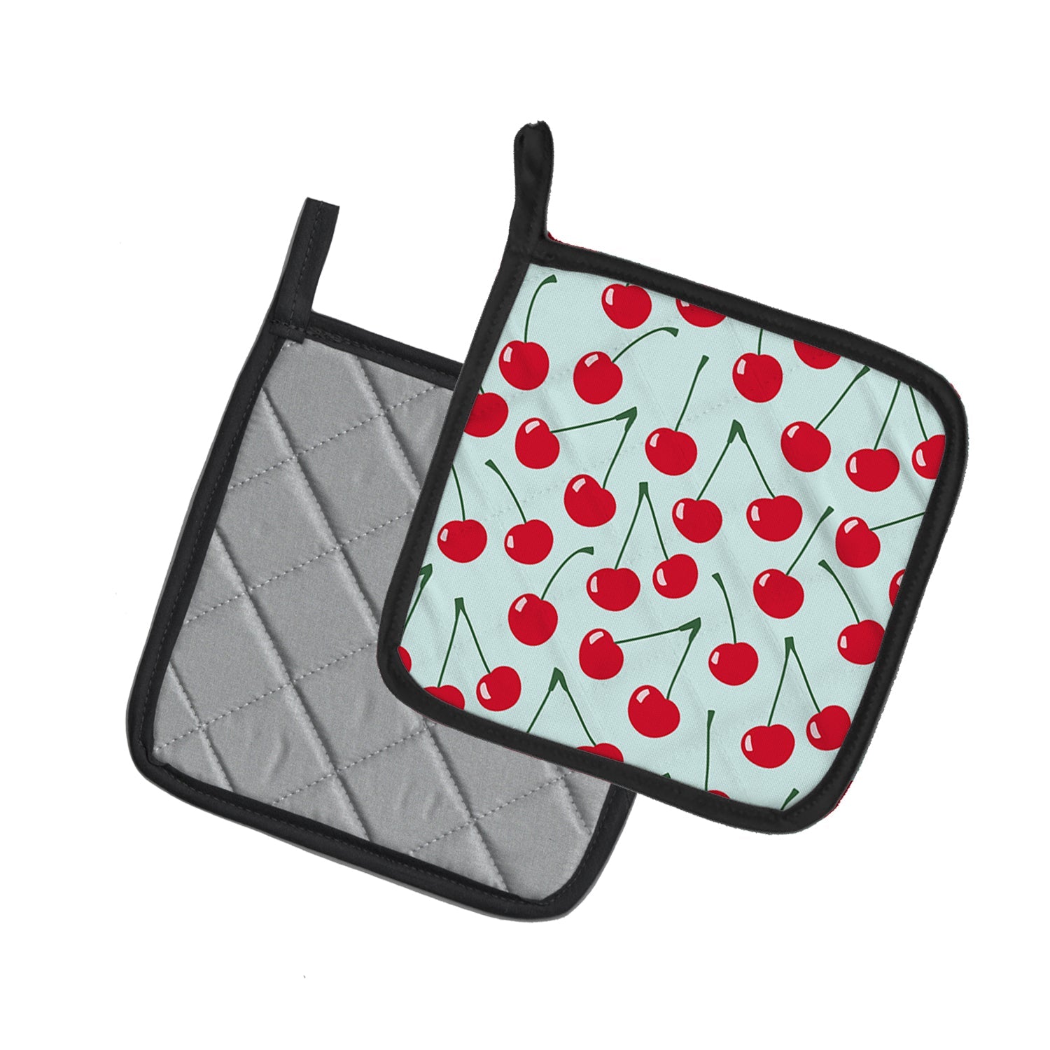 Cherries on Blue Pot Holder Set of 2 Heat Resistant Quilted Hot Pads 7.5 x 7.5 Inch, Insulated Kitchen Trivets for Cooking & Baking