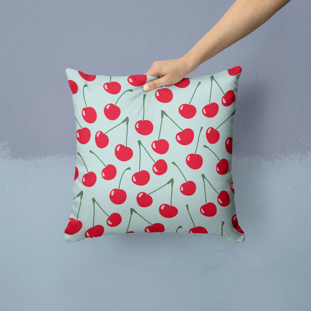 Cherries on Blue Decorative Throw Pillow 14x14 Indoor Outdoor Accent Cushion, Fabric Cover with Insert for Sofa, Bed, Porch & Living Room