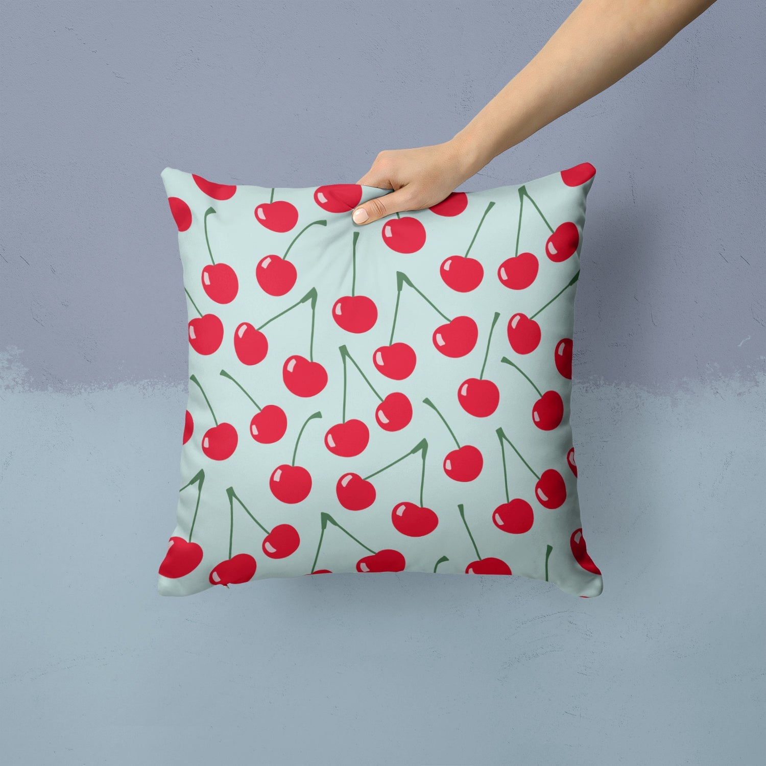 Cherries on Blue Decorative Throw Pillow 14x14 Indoor Outdoor Accent Cushion, Fabric Cover with Insert for Sofa, Bed, Porch & Living Room
