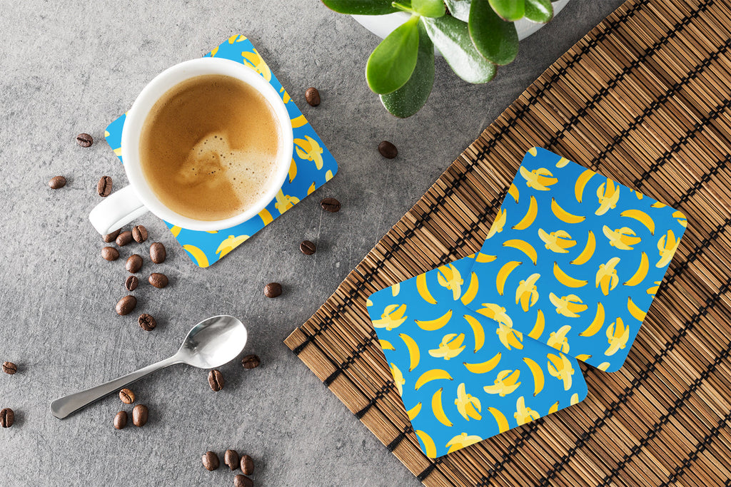 Bananas on Blue Foam Coasters Set of 4 Cup Coasters for Indoor Outdoor, Tabletop Protection, Anti Slip, Mouse pad Material