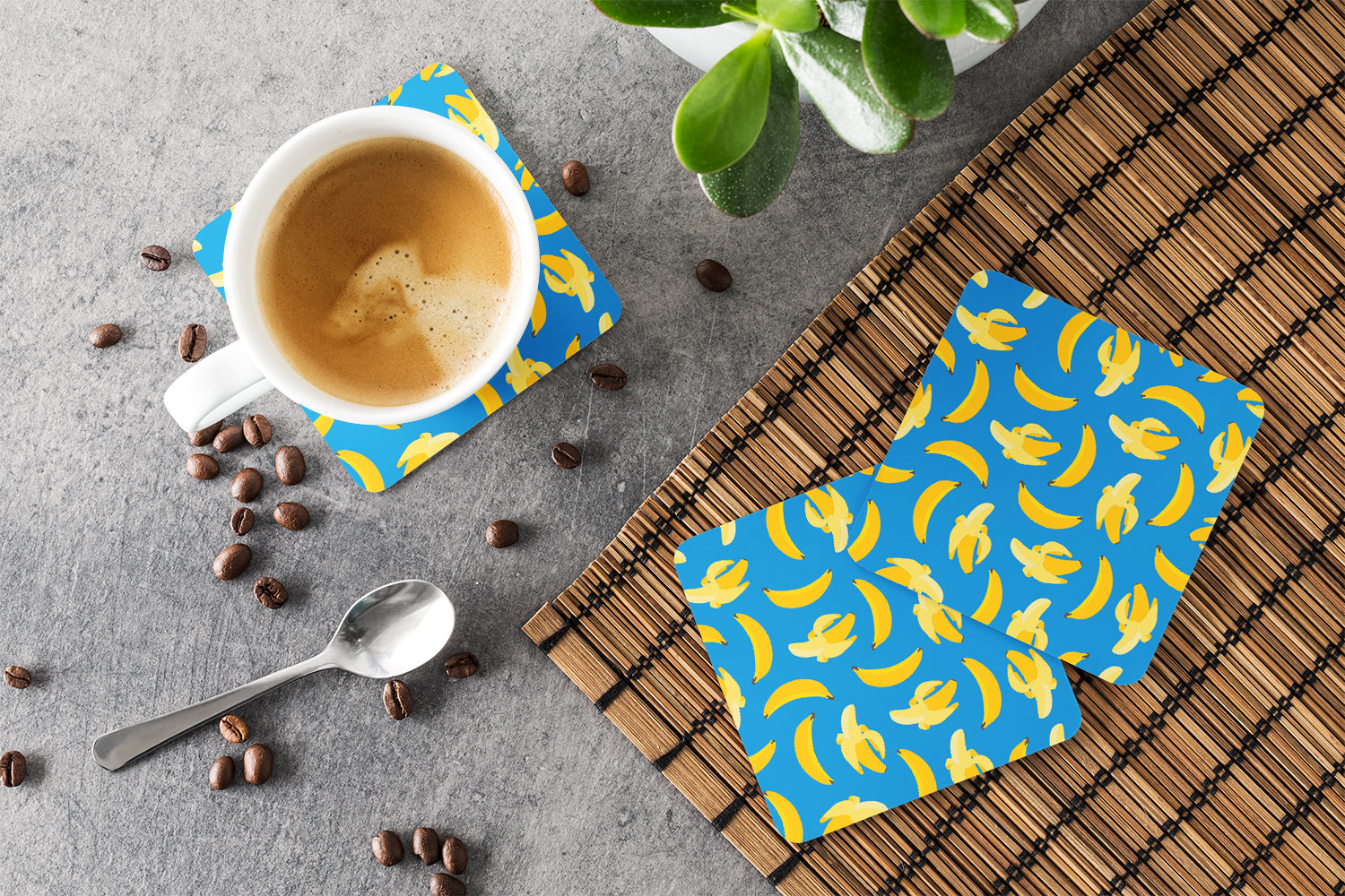 Bananas on Blue Foam Coasters Set of 4 Cup Coasters for Indoor Outdoor, Tabletop Protection, Anti Slip, Mouse pad Material