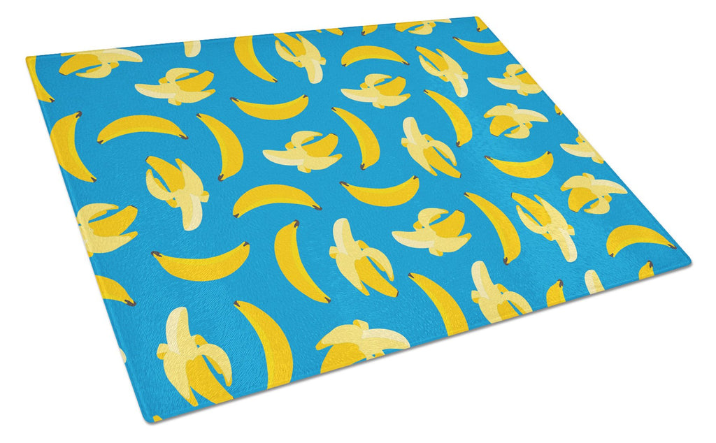 Bananas on Blue Cutting Board Tempered Glass Kitchen Cutting Surface, Heat Resistant Chopping, Non-Slip Feet, Food Prep & Serving