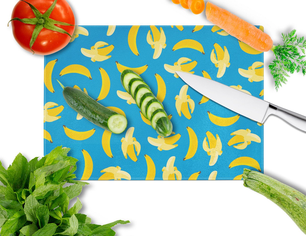 Bananas on Blue Cutting Board Tempered Glass Kitchen Cutting Surface, Heat Resistant Chopping, Non-Slip Feet, Food Prep & Serving