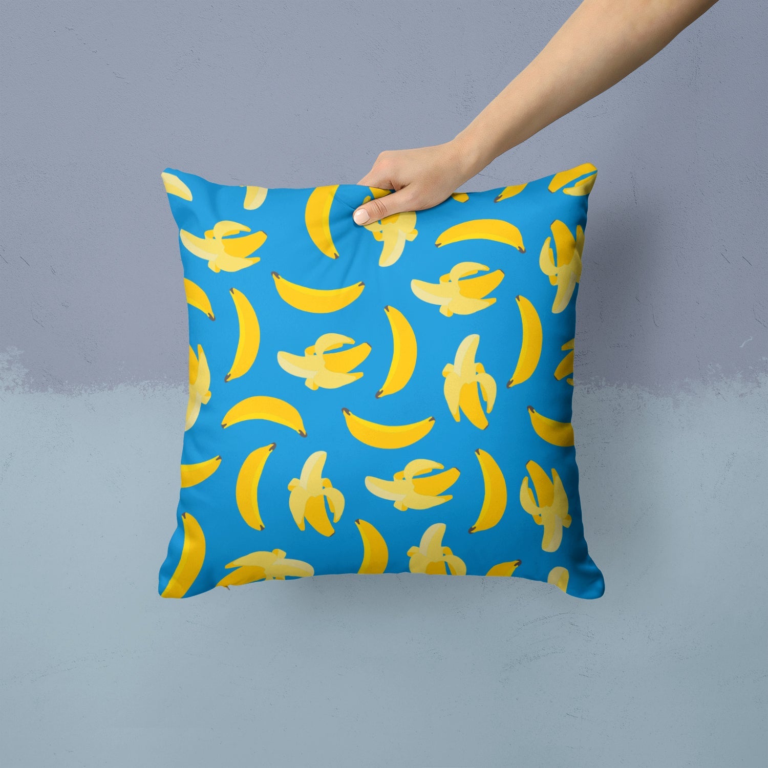 Bananas on Blue Decorative Throw Pillow 14x14 Indoor Outdoor Accent Cushion, Fabric Cover with Insert for Sofa, Bed, Porch & Living Room
