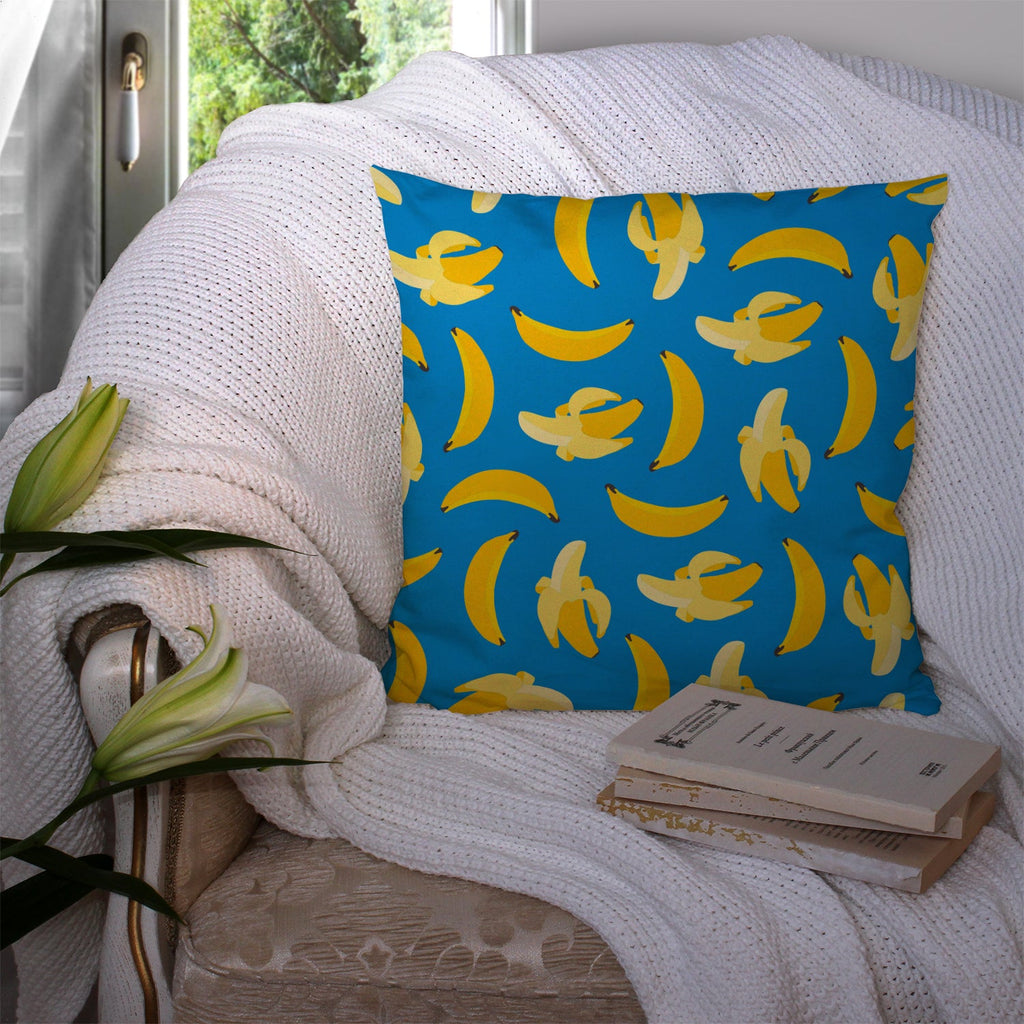 Bananas on Blue Decorative Throw Pillow 14x14 Indoor Outdoor Accent Cushion, Fabric Cover with Insert for Sofa, Bed, Porch & Living Room