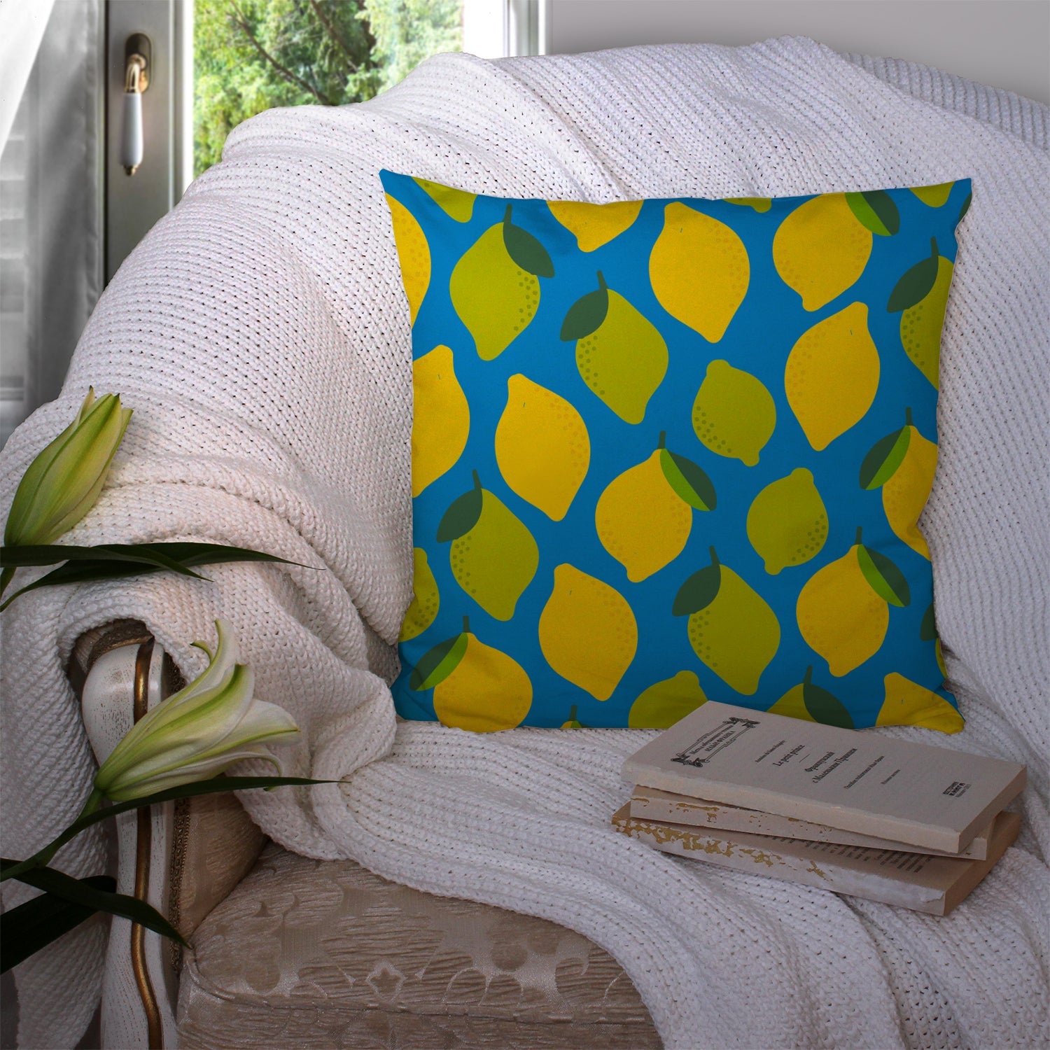 Lemons and Limes Decorative Throw Pillow 14x14 Indoor Outdoor Accent Cushion, Fabric Cover with Insert for Sofa, Bed, Porch & Living Room