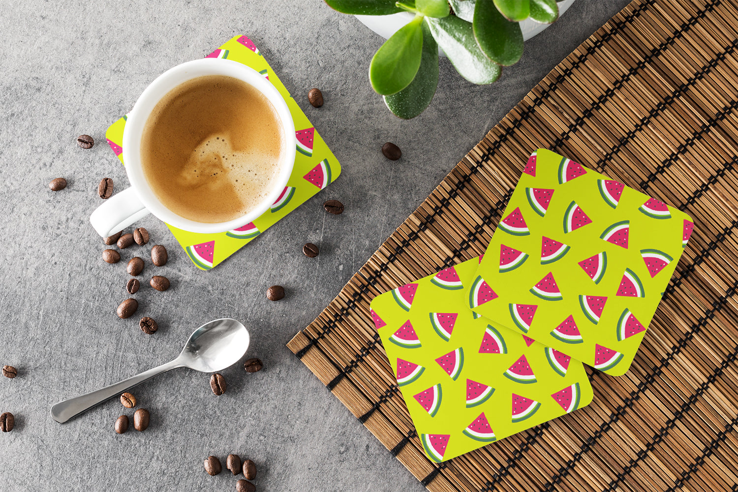 Watermelon on Lime Green Foam Coasters Set of 4 Cup Coasters for Indoor Outdoor, Tabletop Protection, Anti Slip, Mouse pad Material