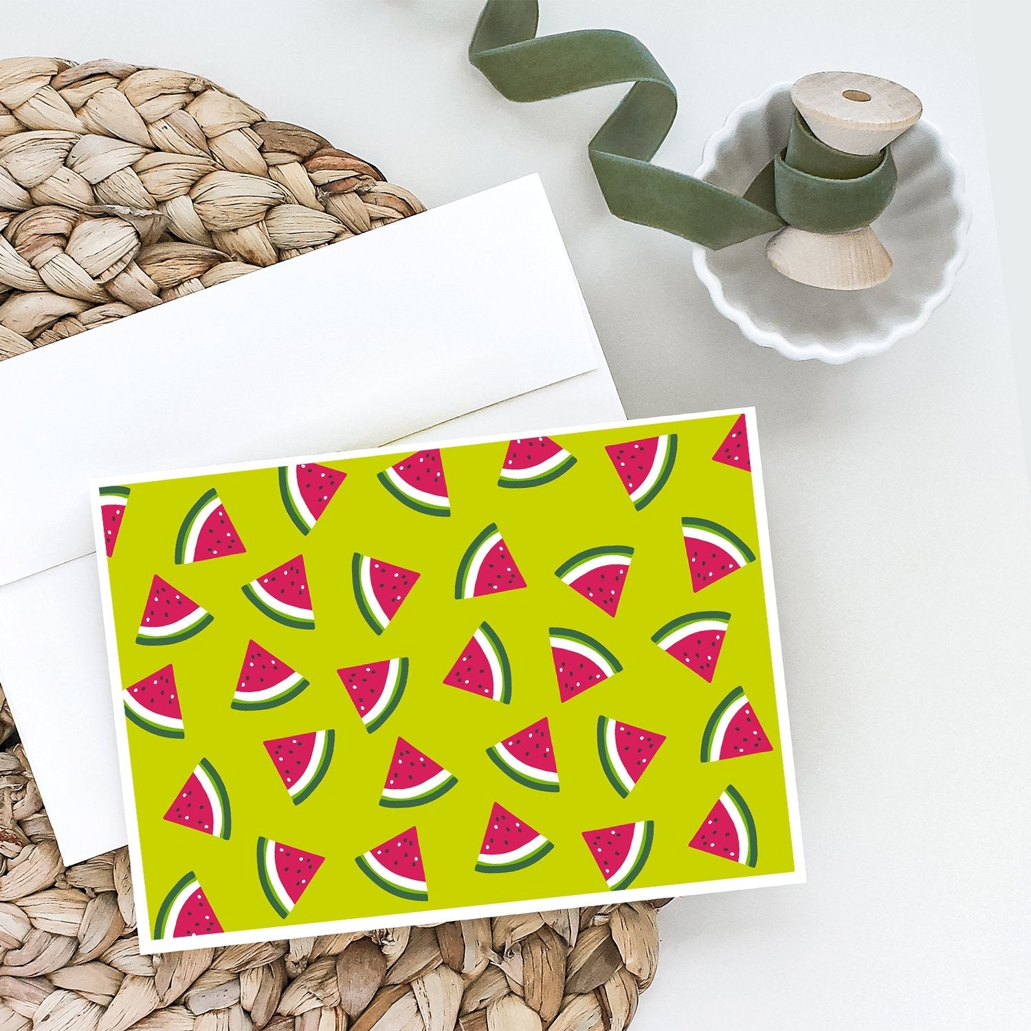 Watermelon on Lime Green Greeting Cards Pack of 8 Blank Cards with Envelopes Whimsical A7 Size 5x7