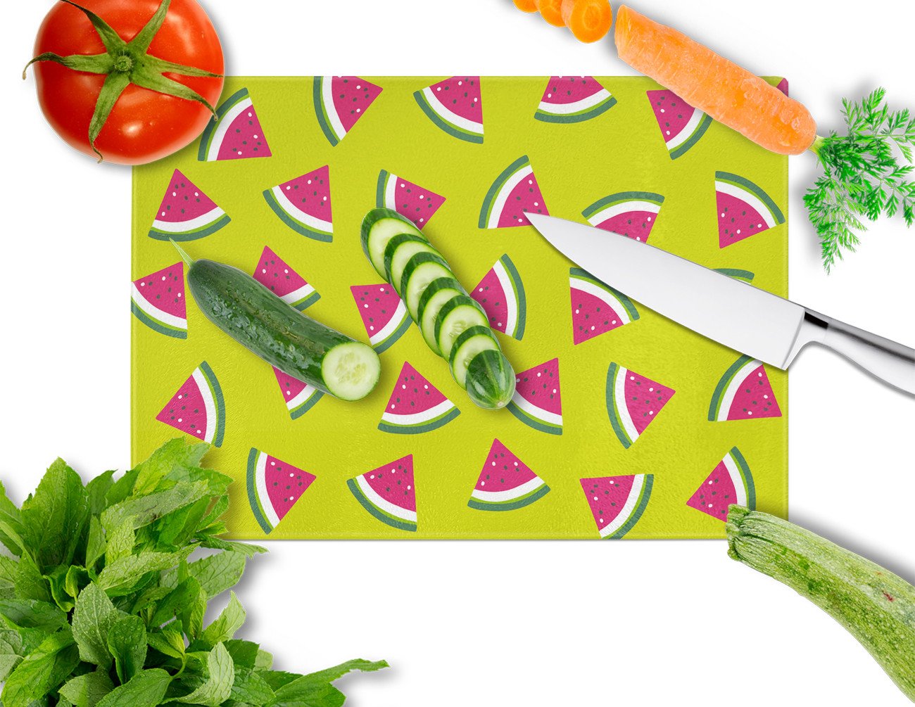 Watermelon on Lime Green Cutting Board Tempered Glass Kitchen Cutting Surface, Heat Resistant Chopping, Non-Slip Feet, Food Prep & Serving