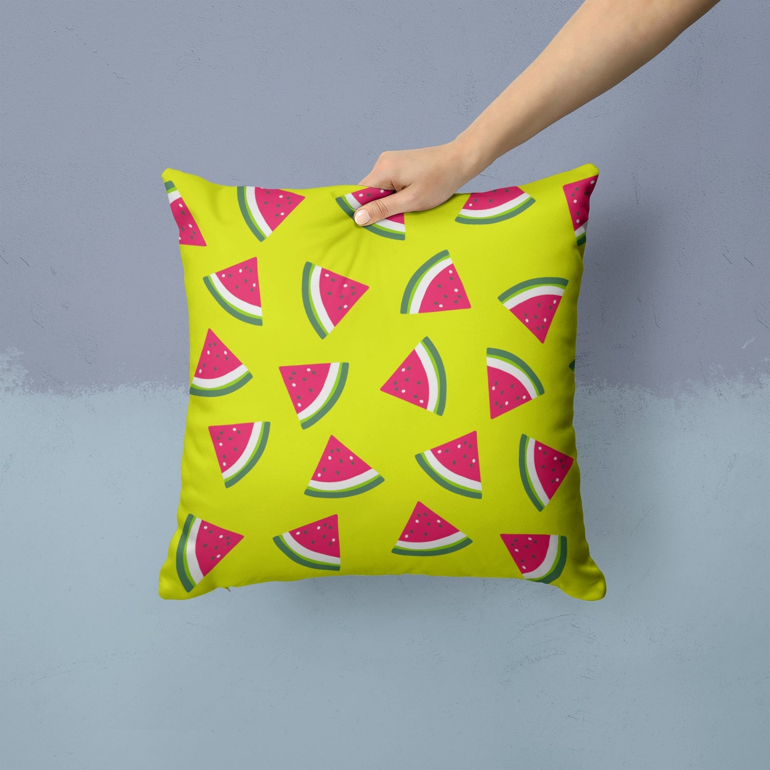 Watermelon on Lime Green Decorative Throw Pillow 14x14 Indoor Outdoor Accent Cushion, Fabric Cover with Insert for Sofa, Bed, Porch & Living Room