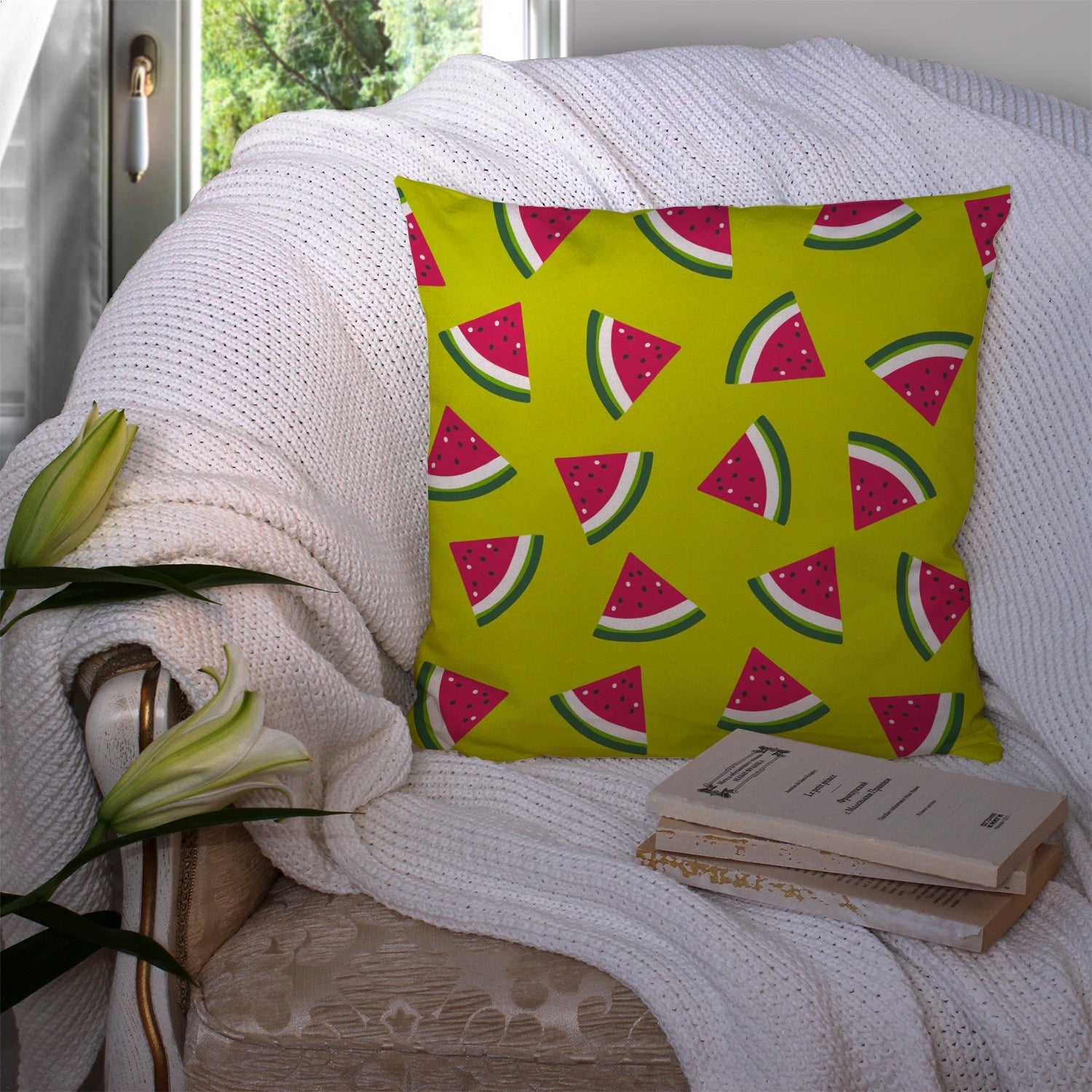 Watermelon on Lime Green Decorative Throw Pillow 14x14 Indoor Outdoor Accent Cushion, Fabric Cover with Insert for Sofa, Bed, Porch & Living Room