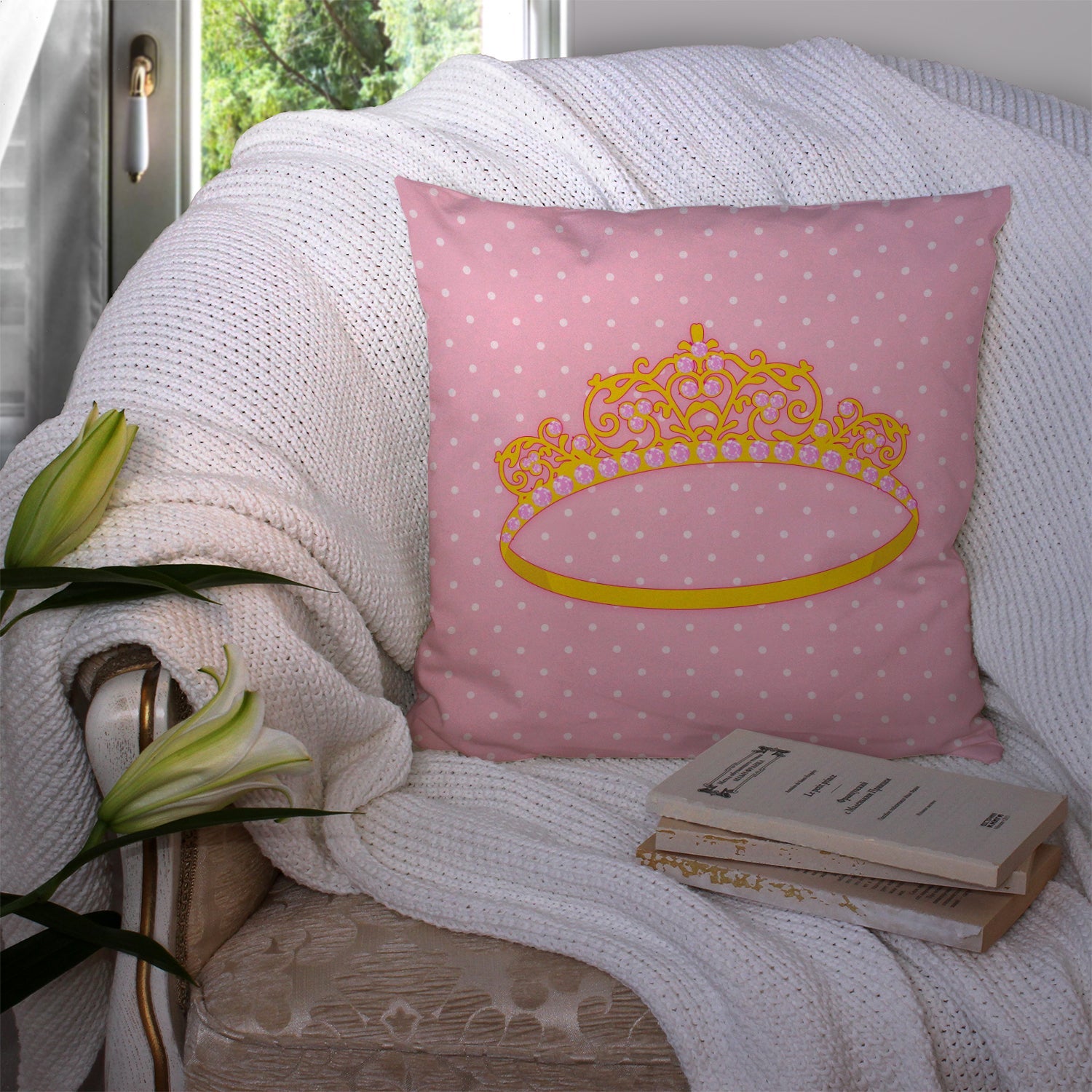 Ballerina Tiara Decorative Throw Pillow 14x14 Indoor Outdoor Accent Cushion, Fabric Cover with Insert for Sofa, Bed, Porch & Living Room