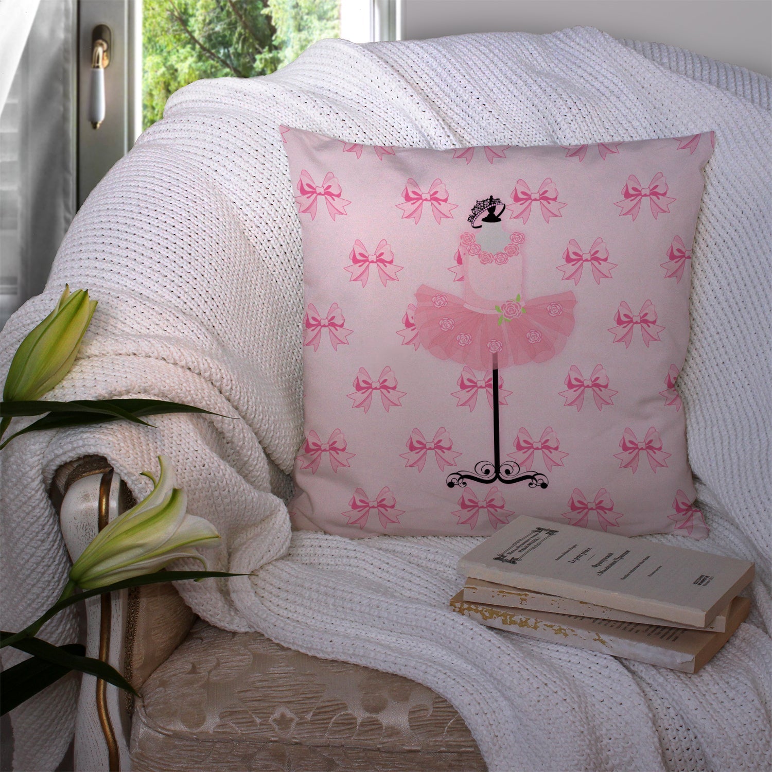 Ballerina Recital Attire Decorative Throw Pillow 14x14 Indoor Outdoor Accent Cushion, Fabric Cover with Insert for Sofa, Bed, Porch & Living Room