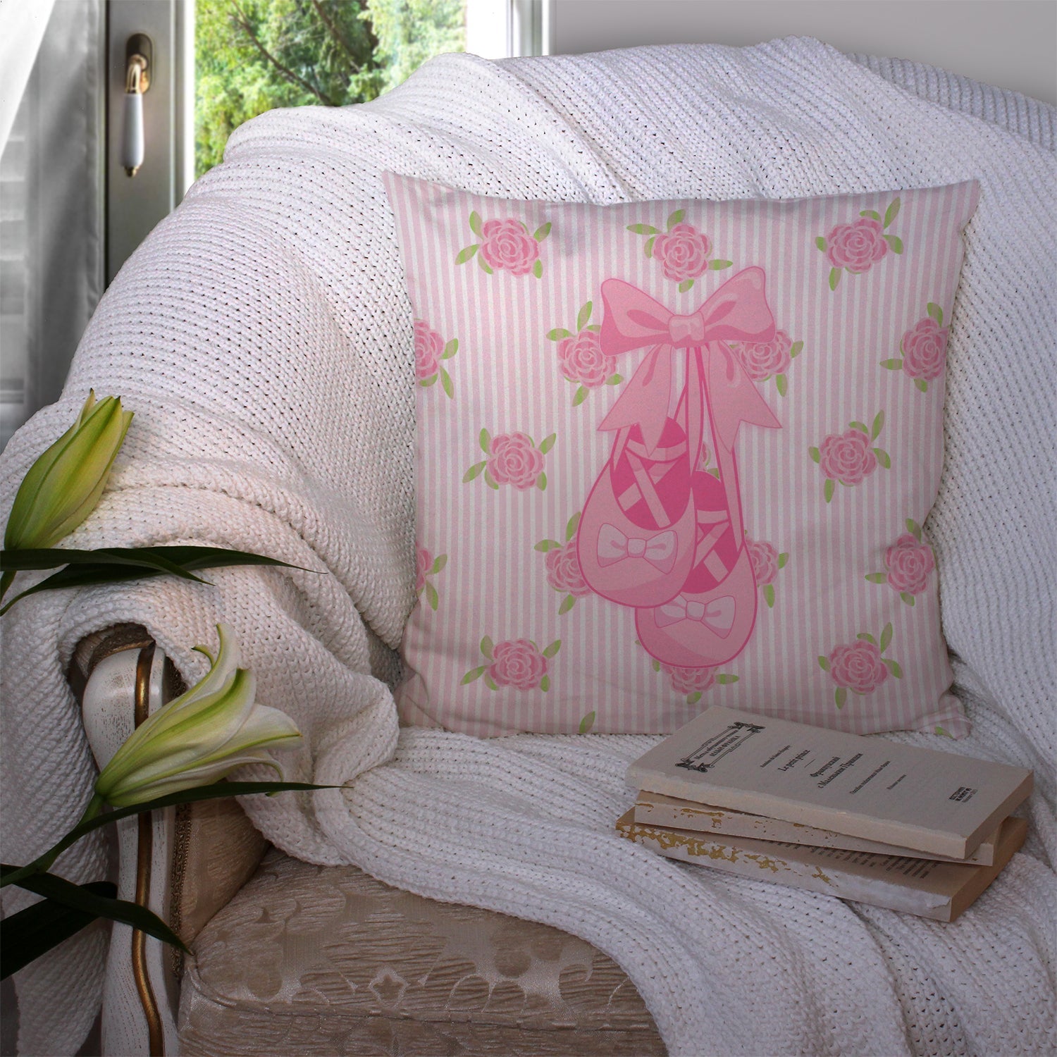 Ballerina Ballet Shoes Decorative Throw Pillow 14x14 Indoor Outdoor Accent Cushion, Fabric Cover with Insert for Sofa, Bed, Porch & Living Room