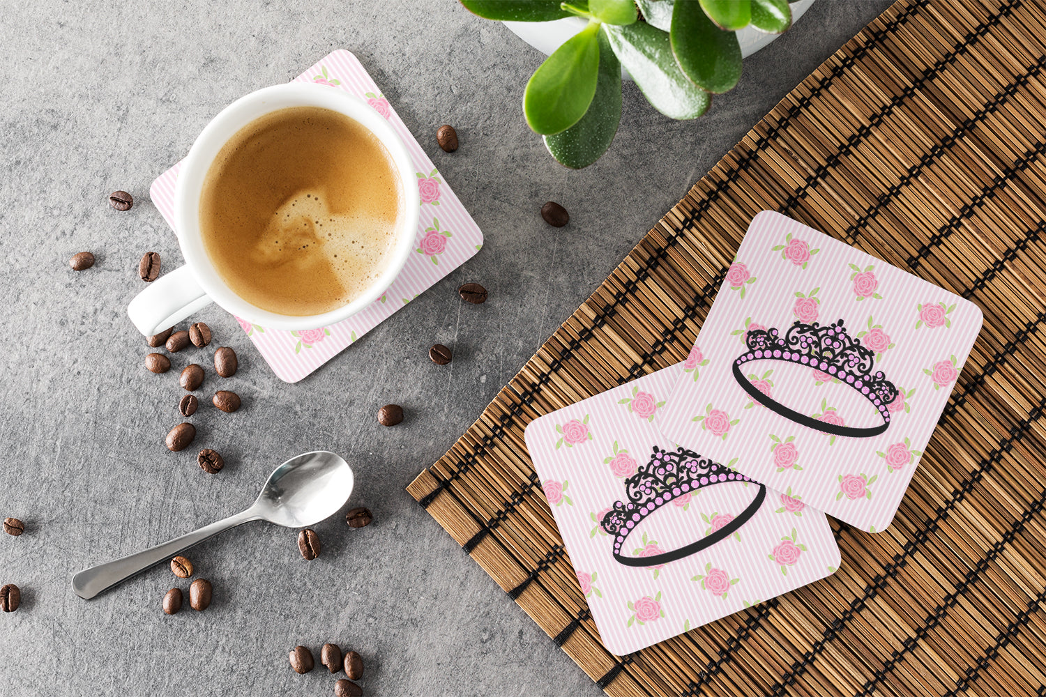 Ballerina Tiara Sparkles Foam Coasters Set of 4 Cup Coasters for Indoor Outdoor, Tabletop Protection, Anti Slip, Mouse pad Material
