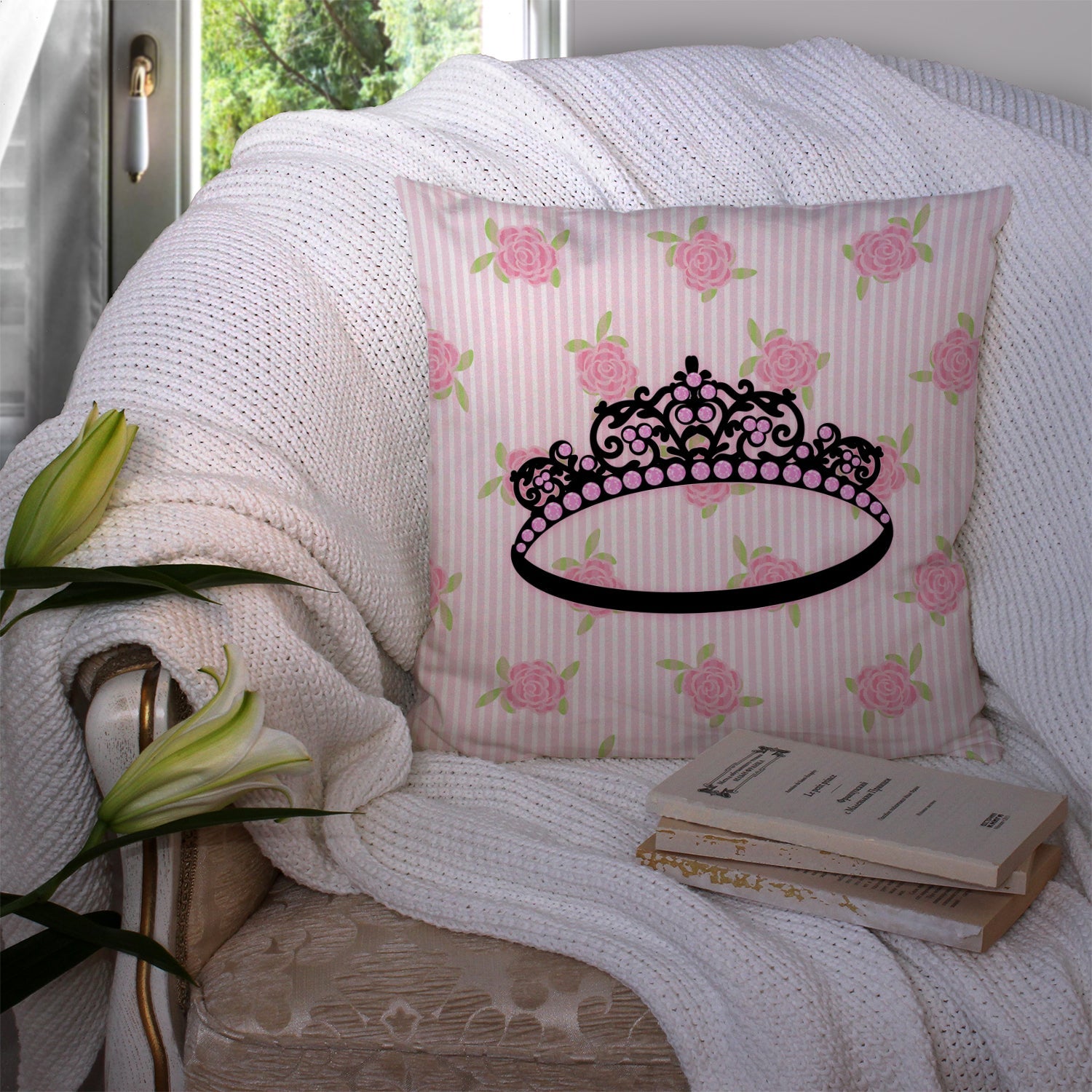 Ballerina Tiara Sparkles Decorative Throw Pillow 14x14 Indoor Outdoor Accent Cushion, Fabric Cover with Insert for Sofa, Bed, Porch & Living Room