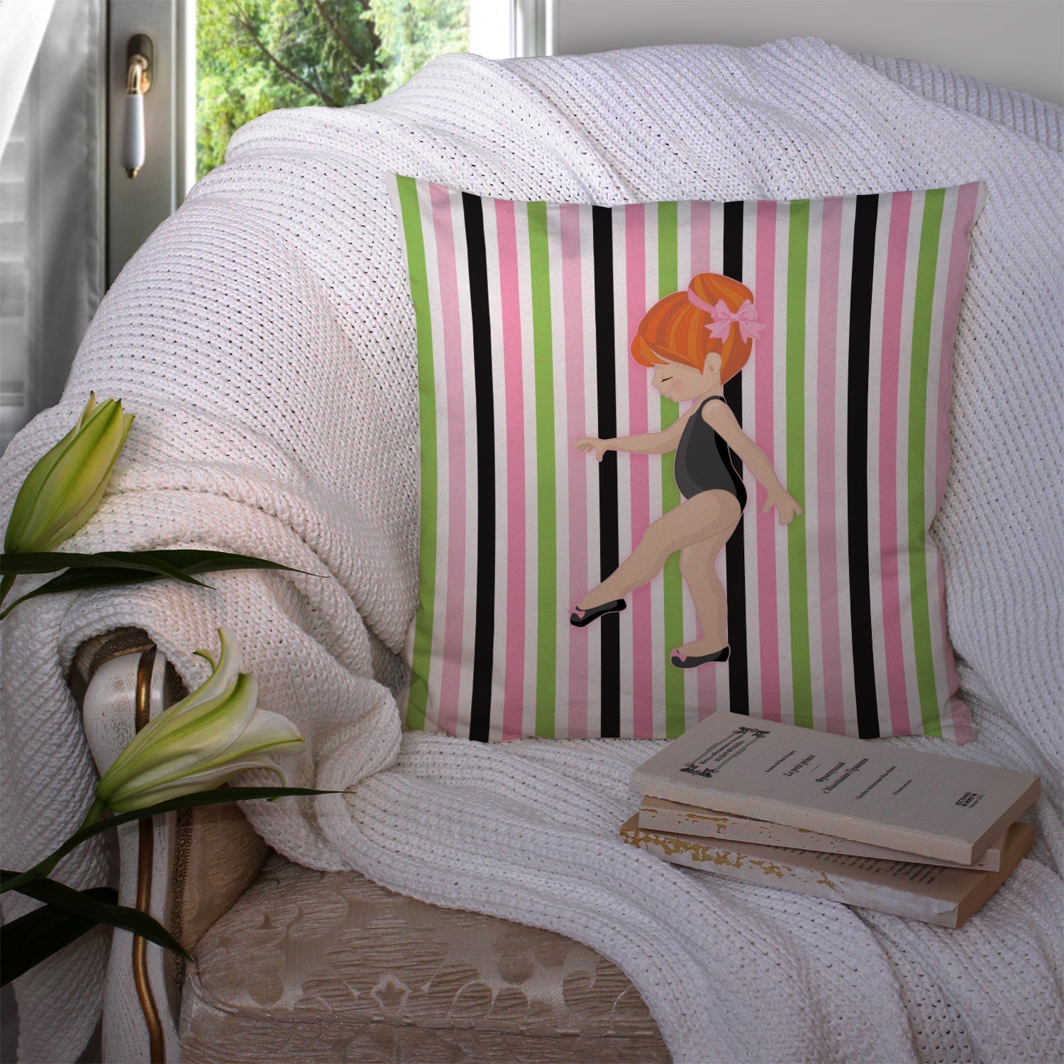 Ballerina Red Head Point Decorative Throw Pillow 14x14 Indoor Outdoor Accent Cushion, Fabric Cover with Insert for Sofa, Bed, Porch & Living Room