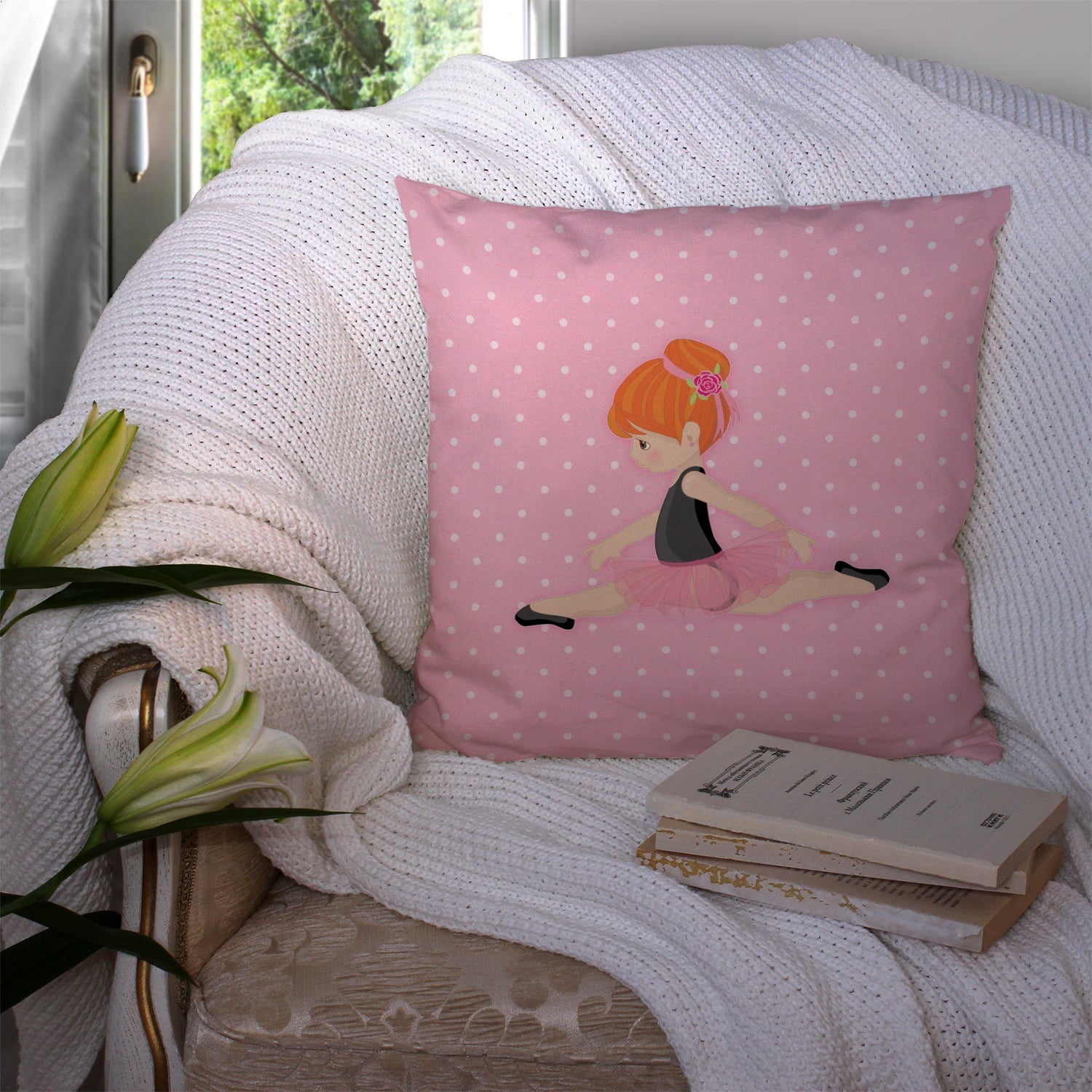 Ballerina Red Head Jete Decorative Throw Pillow 14x14 Indoor Outdoor Accent Cushion, Fabric Cover with Insert for Sofa, Bed, Porch & Living Room