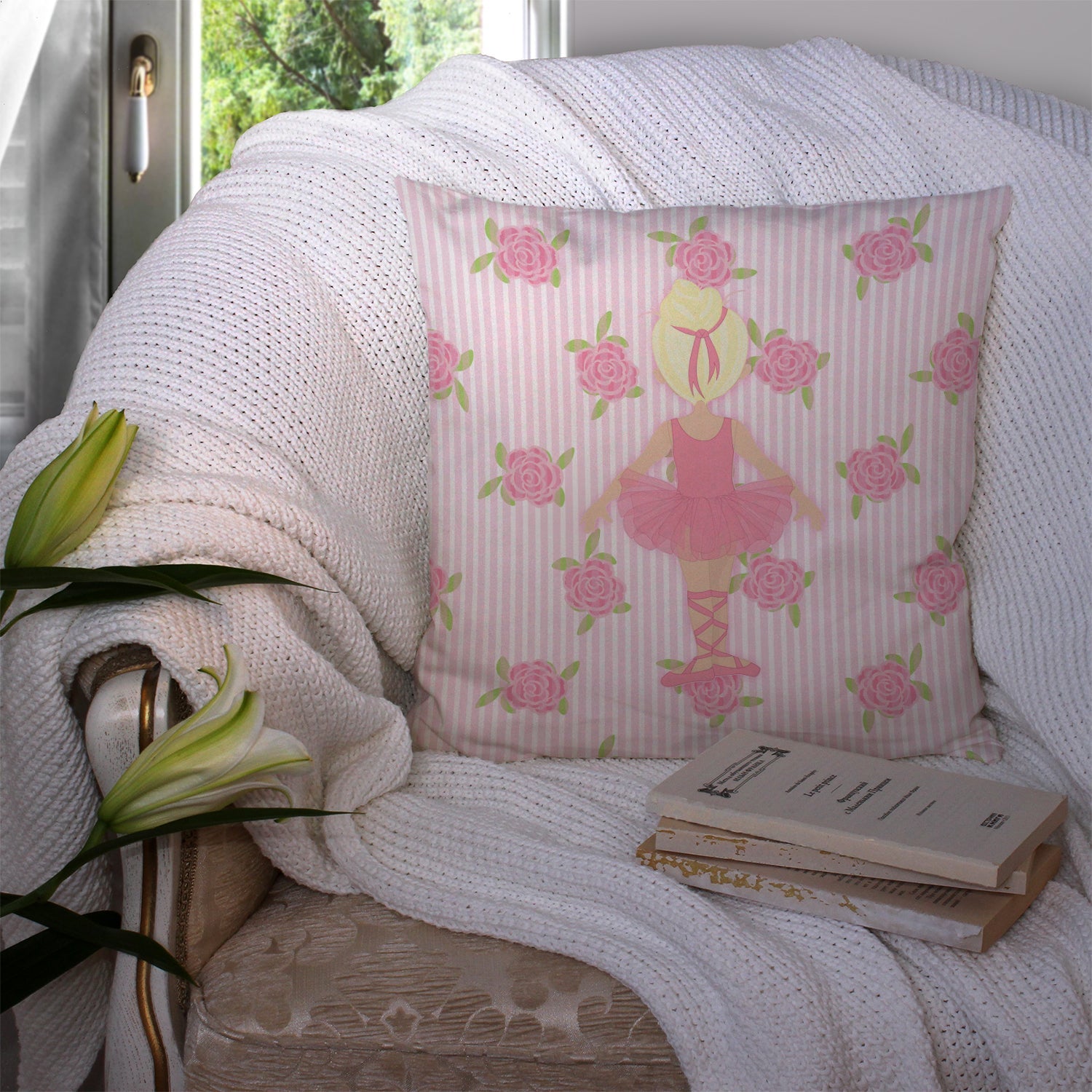 Ballerina Blonde Back Pose Decorative Throw Pillow 14x14 Indoor Outdoor Accent Cushion, Fabric Cover with Insert for Sofa, Bed, Porch & Living Room