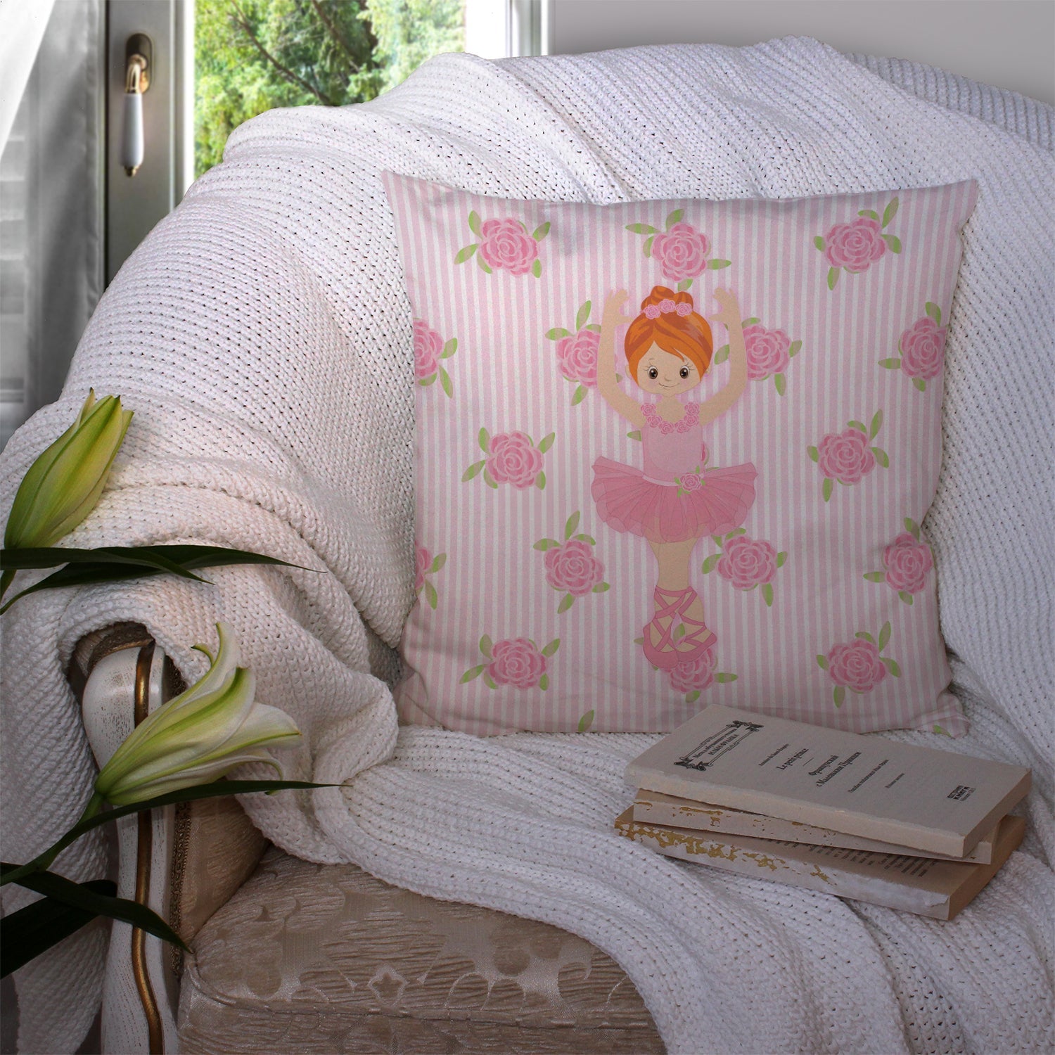 Ballerina Red Front Pose Decorative Throw Pillow 14x14 Indoor Outdoor Accent Cushion, Fabric Cover with Insert for Sofa, Bed, Porch & Living Room