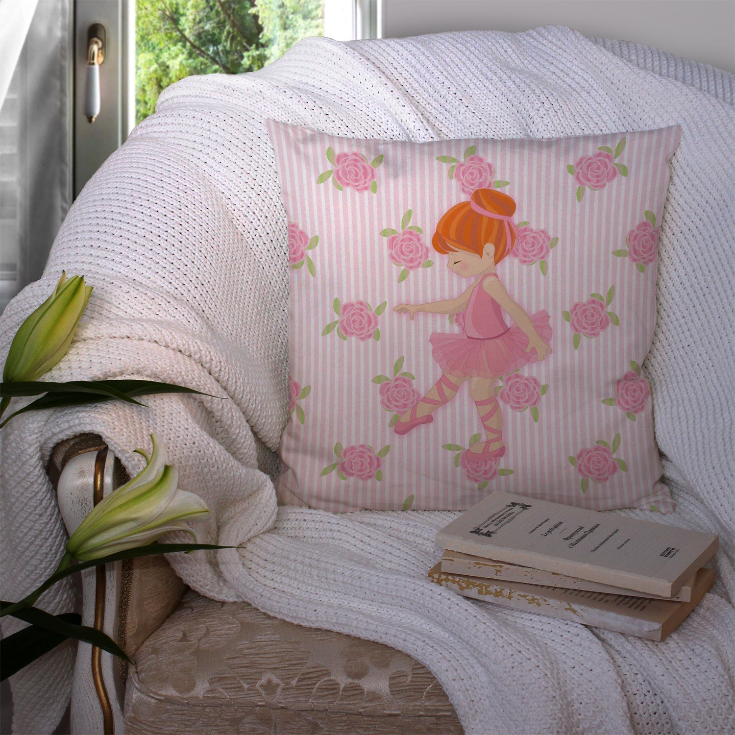 Ballerina Red Head Point Decorative Throw Pillow 14x14 Indoor Outdoor Accent Cushion, Fabric Cover with Insert for Sofa, Bed, Porch & Living Room