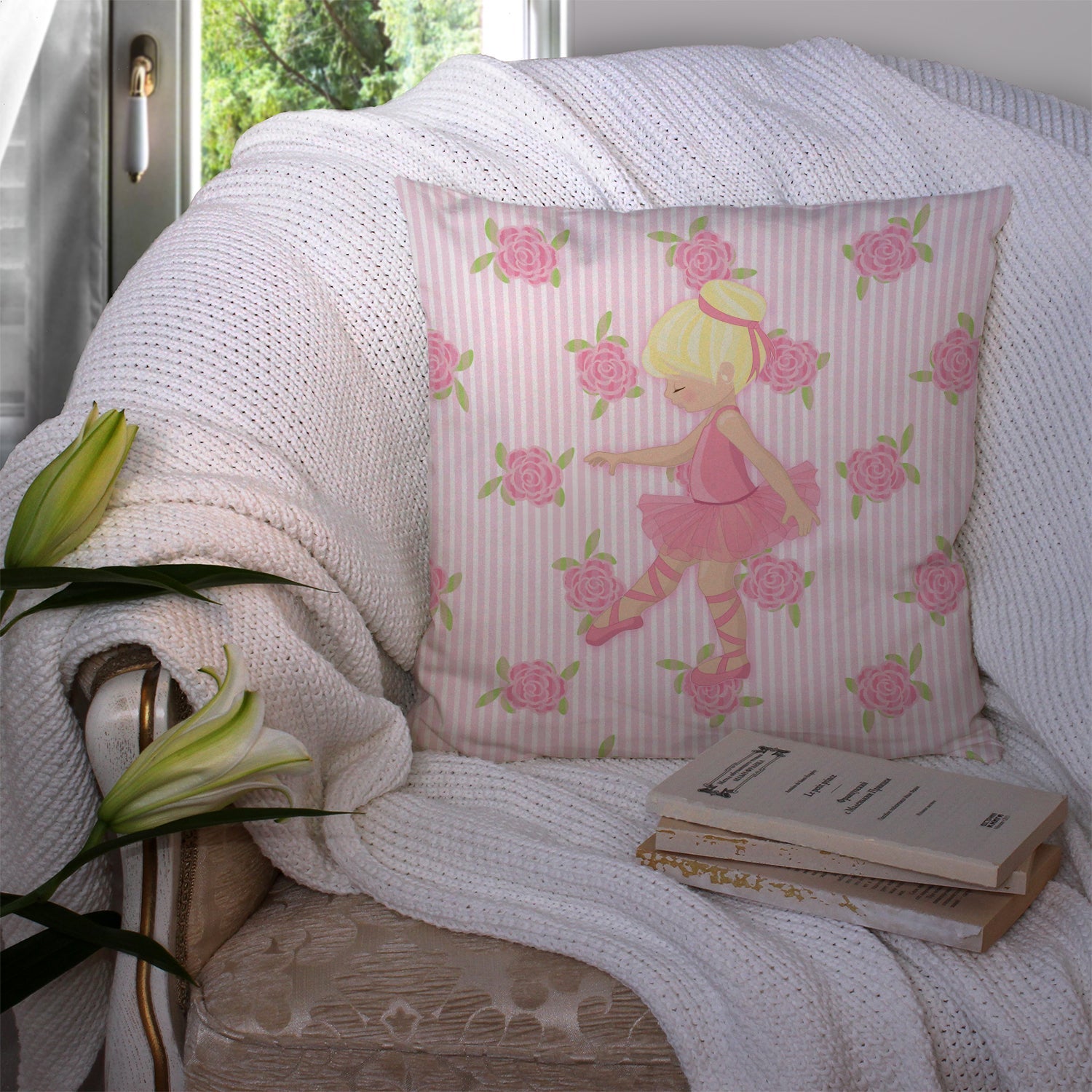 Ballerina Blonde Point Decorative Throw Pillow 14x14 Indoor Outdoor Accent Cushion, Fabric Cover with Insert for Sofa, Bed, Porch & Living Room