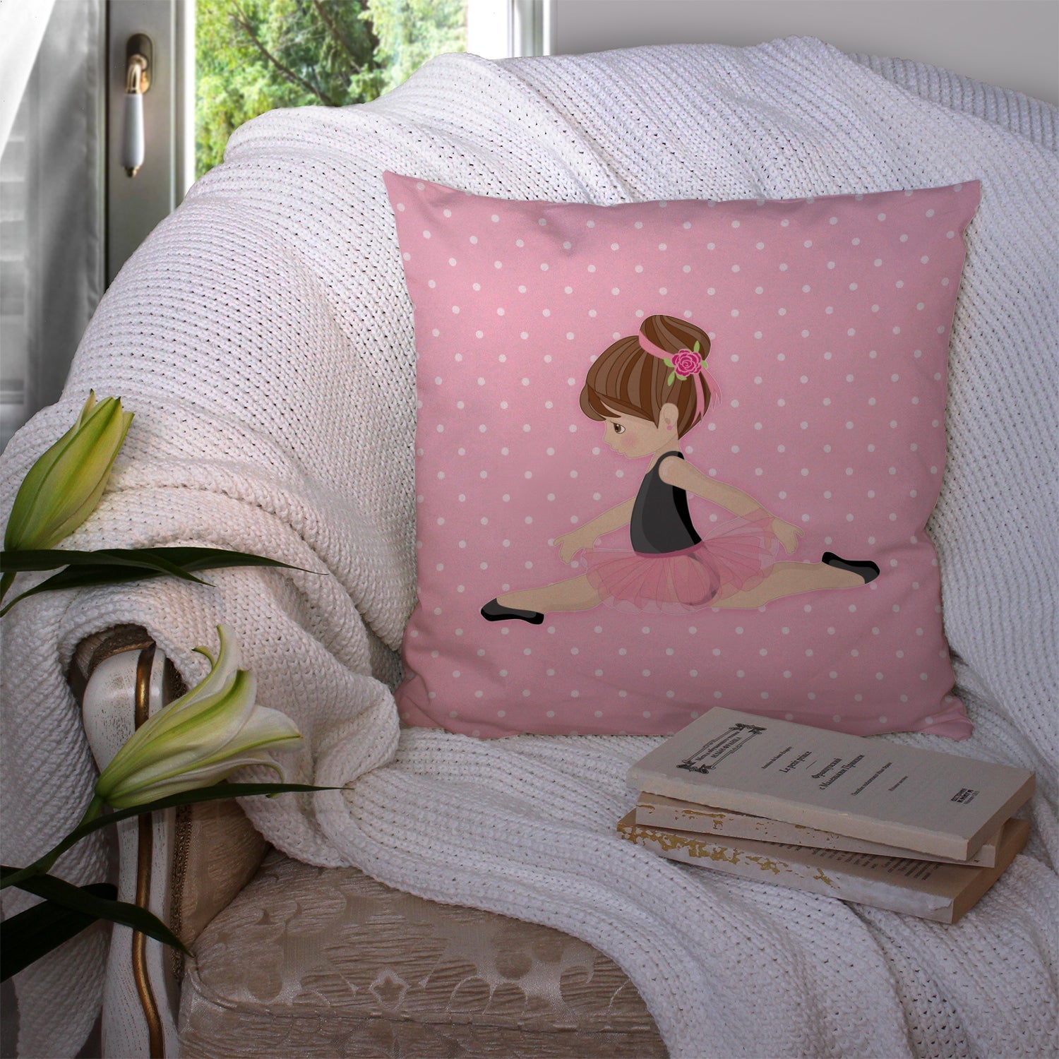 Ballerina Brunette Jete Decorative Throw Pillow 14x14 Indoor Outdoor Accent Cushion, Fabric Cover with Insert for Sofa, Bed, Porch & Living Room