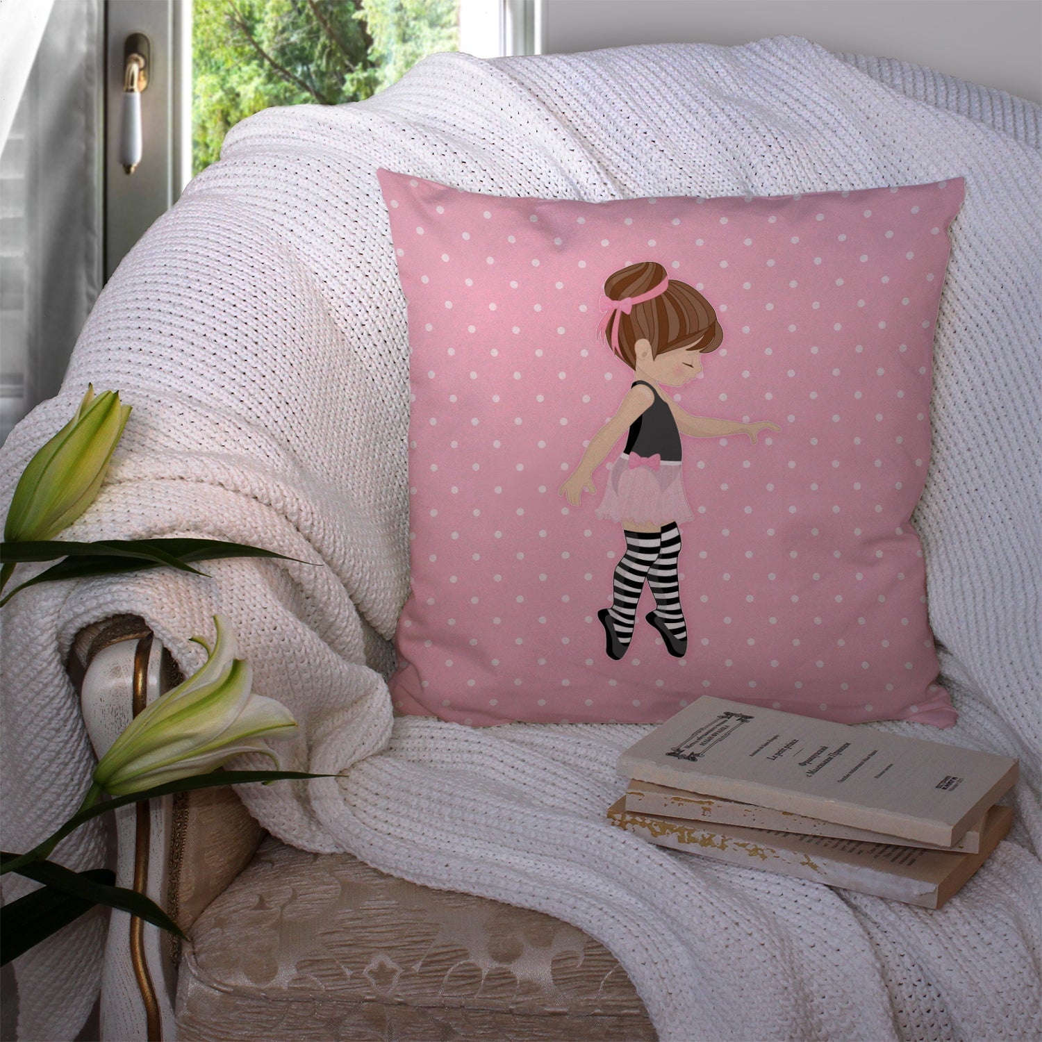 Ballerina Brunette Releve Decorative Throw Pillow 14x14 Indoor Outdoor Accent Cushion, Fabric Cover with Insert for Sofa, Bed, Porch & Living Room
