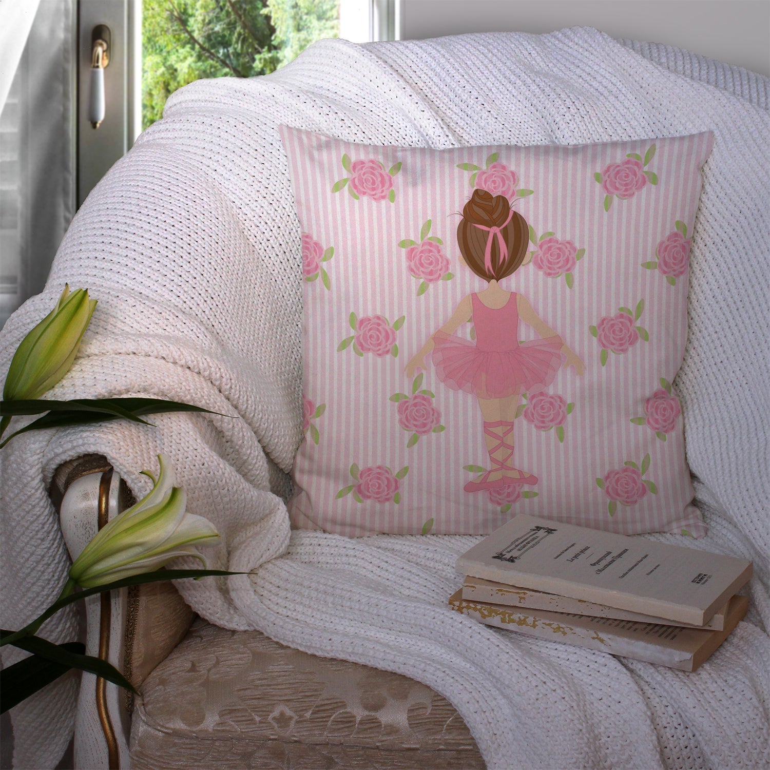 Ballerina Brunette Back Pose Decorative Throw Pillow 14x14 Indoor Outdoor Accent Cushion, Fabric Cover with Insert for Sofa, Bed, Porch & Living Room