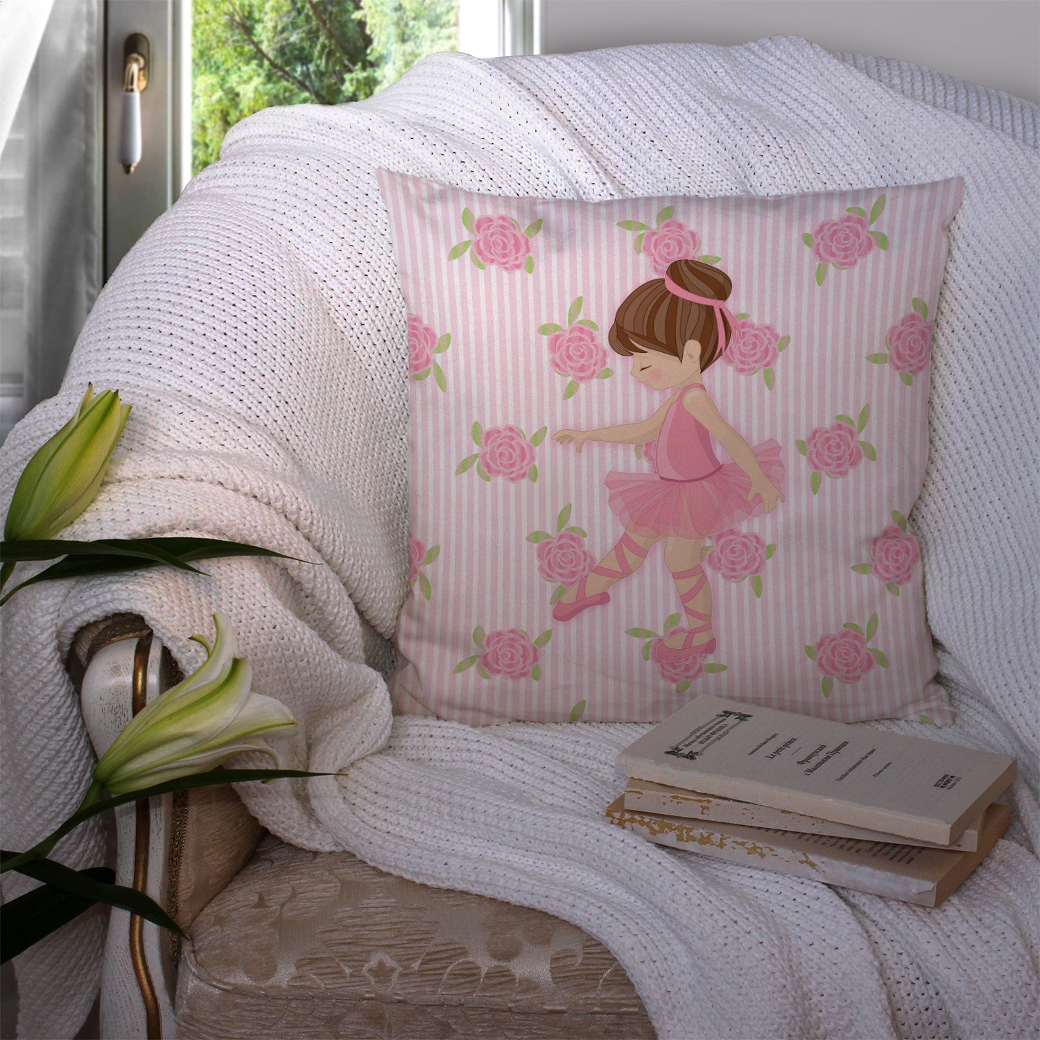 Ballerina Brunette Point Decorative Throw Pillow 14x14 Indoor Outdoor Accent Cushion, Fabric Cover with Insert for Sofa, Bed, Porch & Living Room
